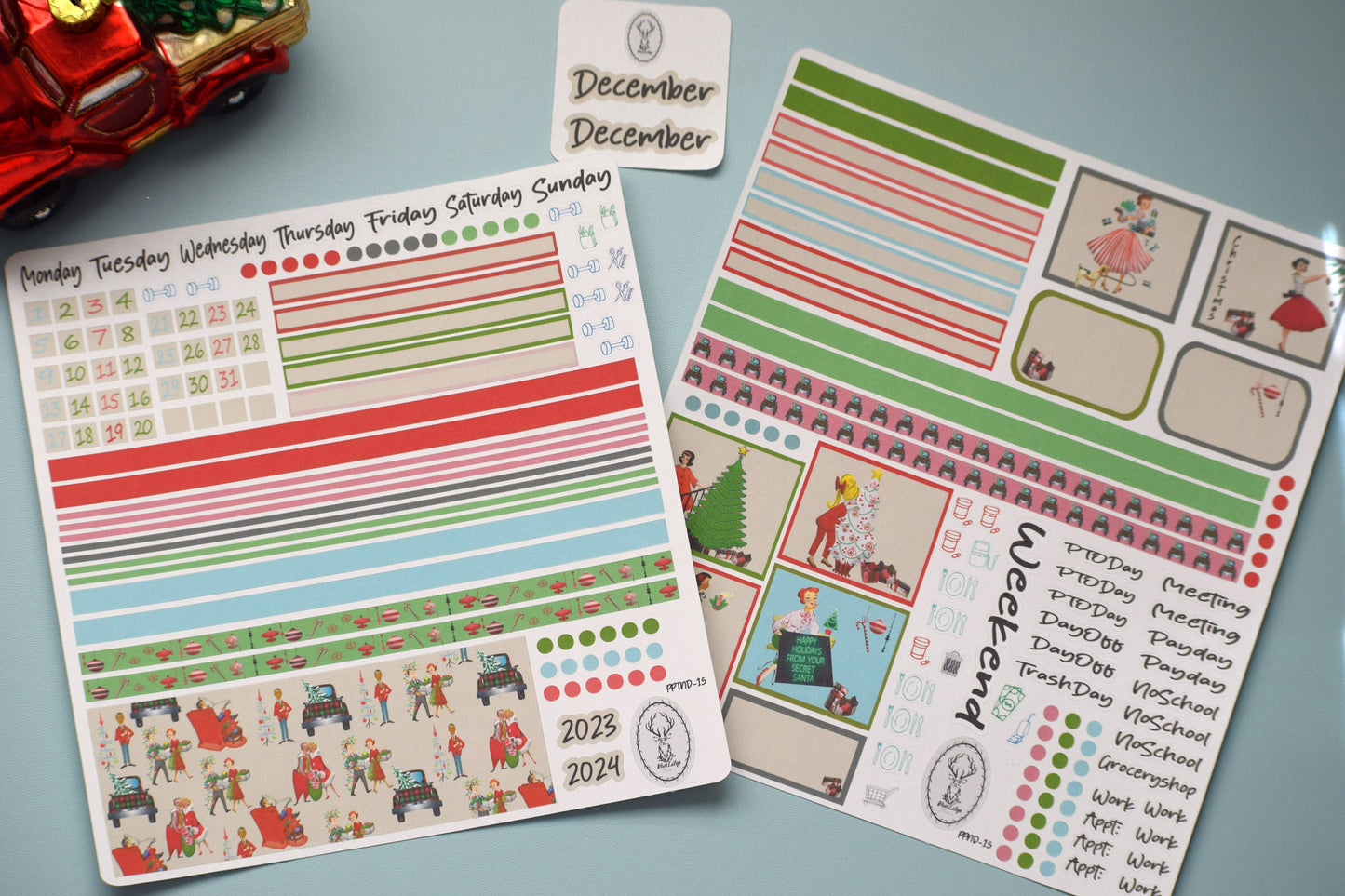 Plum Paper 7x9 Notes And Days Weekly Planner Sticker Kit #15, Retro Christmas