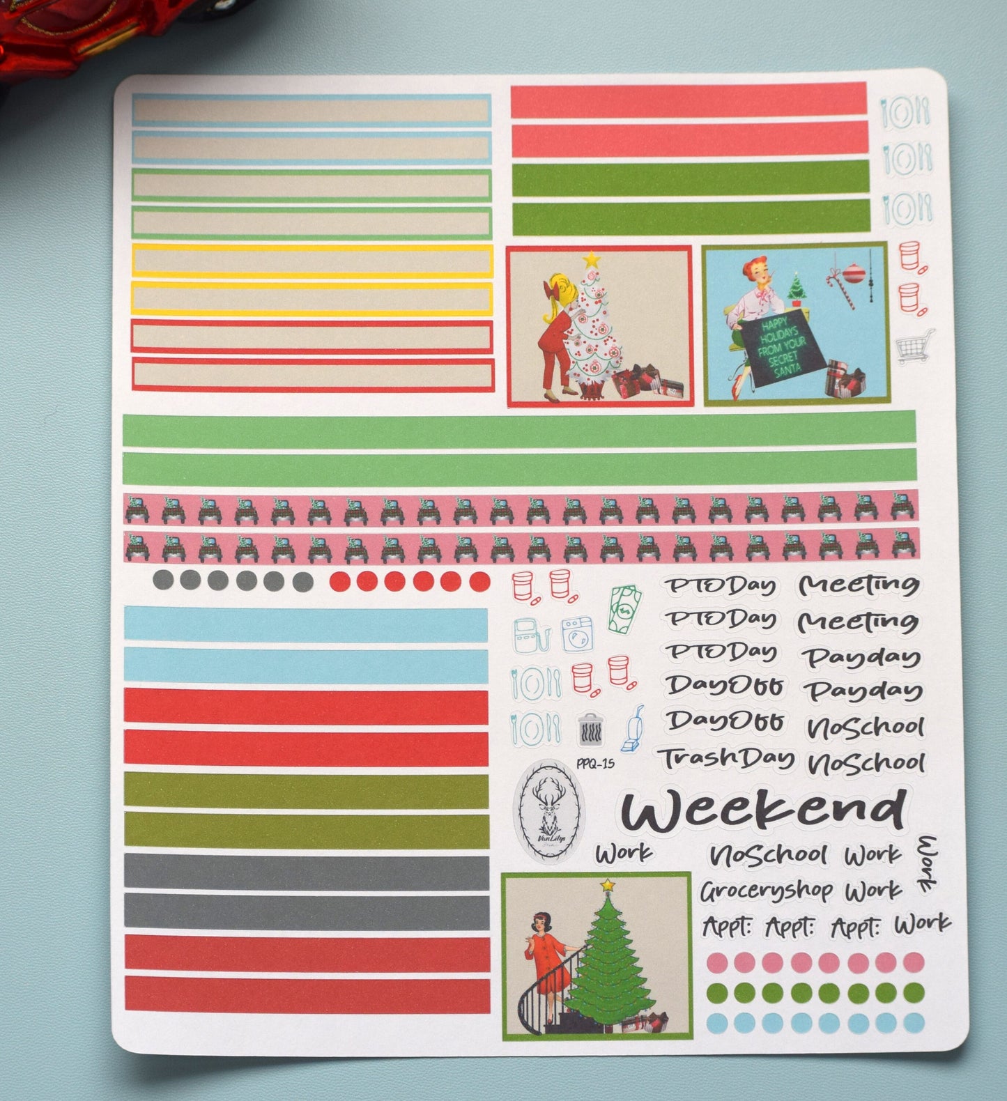 Plum Paper 7x9 Quad Lined and Blank Weekly Planner Sticker Kit #15, Retro Christmas