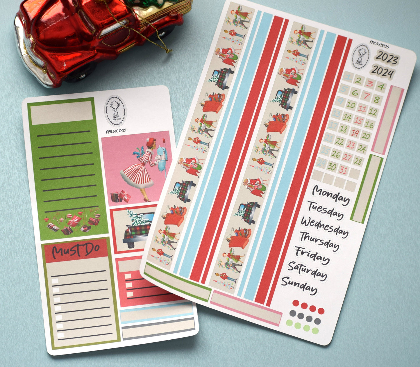Plum Paper 8.5x11 Monthly Header Sheet Planner Stickers #15, Retro Christmas