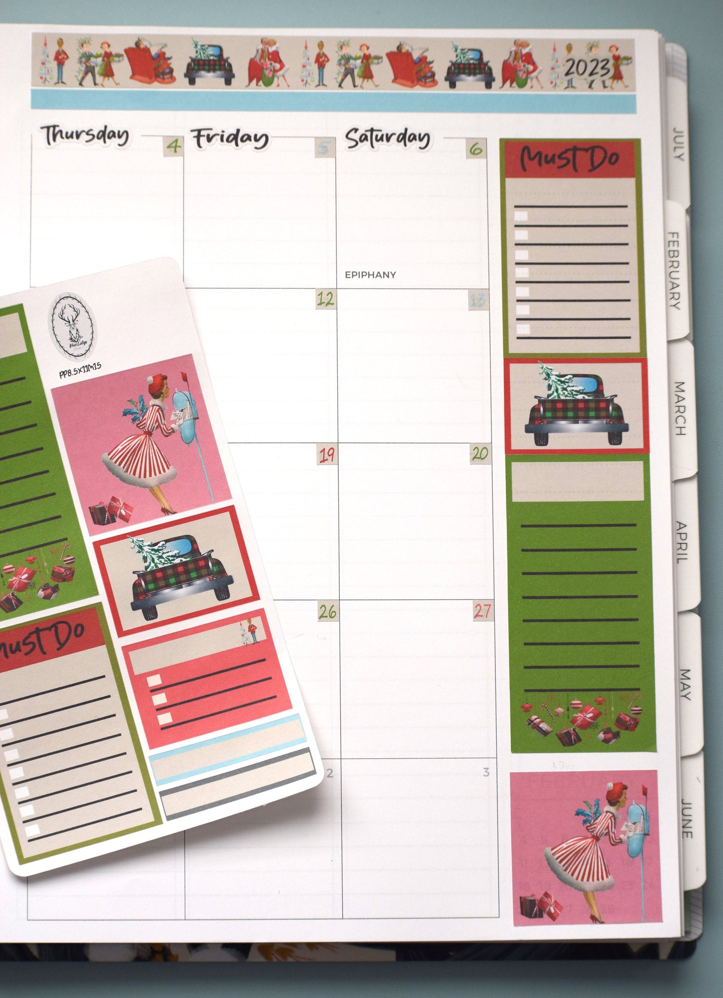 Plum Paper 8.5x11 Monthly Header Sheet Planner Stickers #15, Retro Christmas
