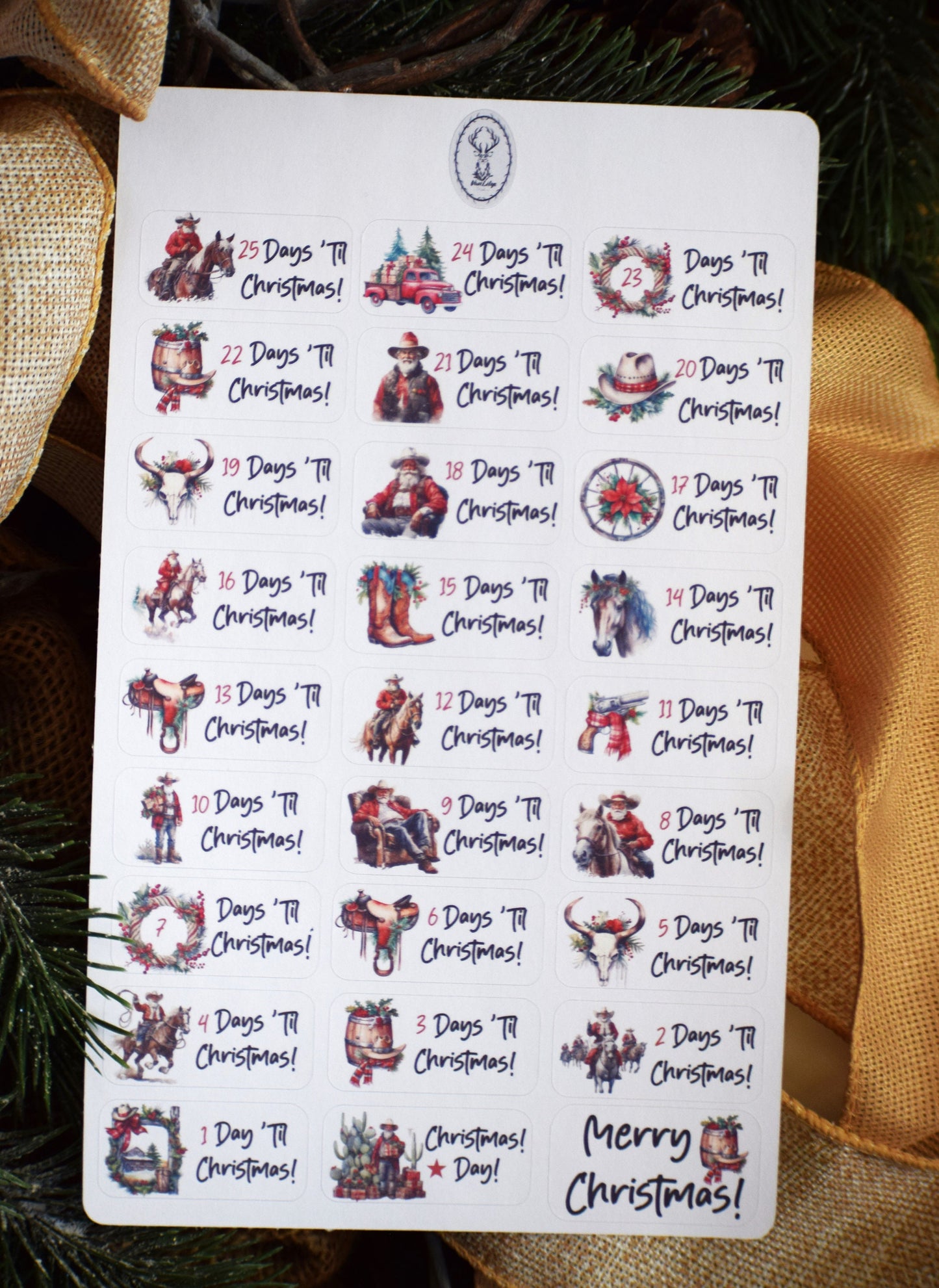 Christmas Countdown Planner Stickers, Western Santa