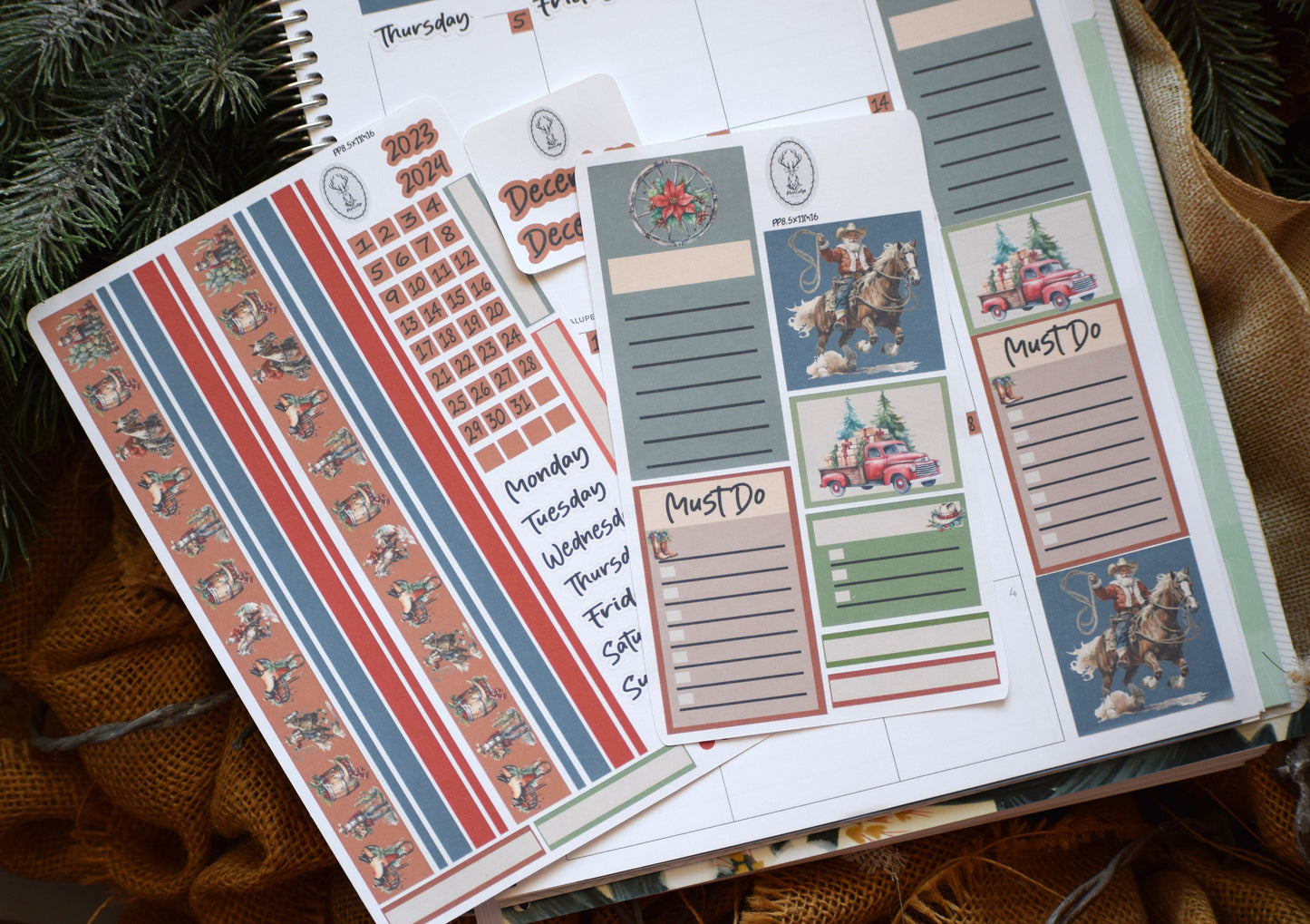 Plum Paper 8.5x11 Monthly Header Sheet Planner Stickers #16, Western Santa