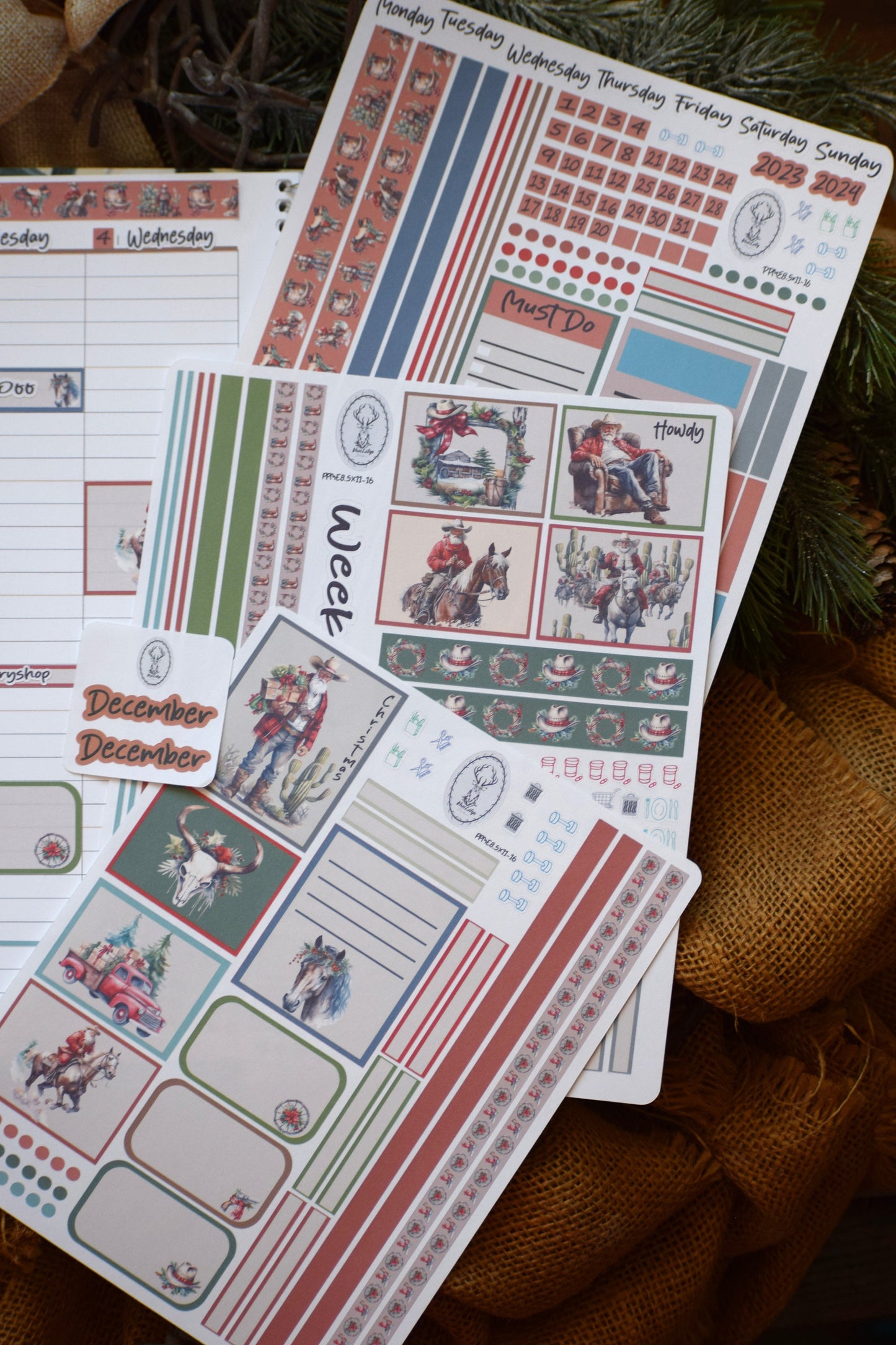 Plum Paper 8.5x11 ME, Weekly Planner Sticker Kit #16, Western Santa