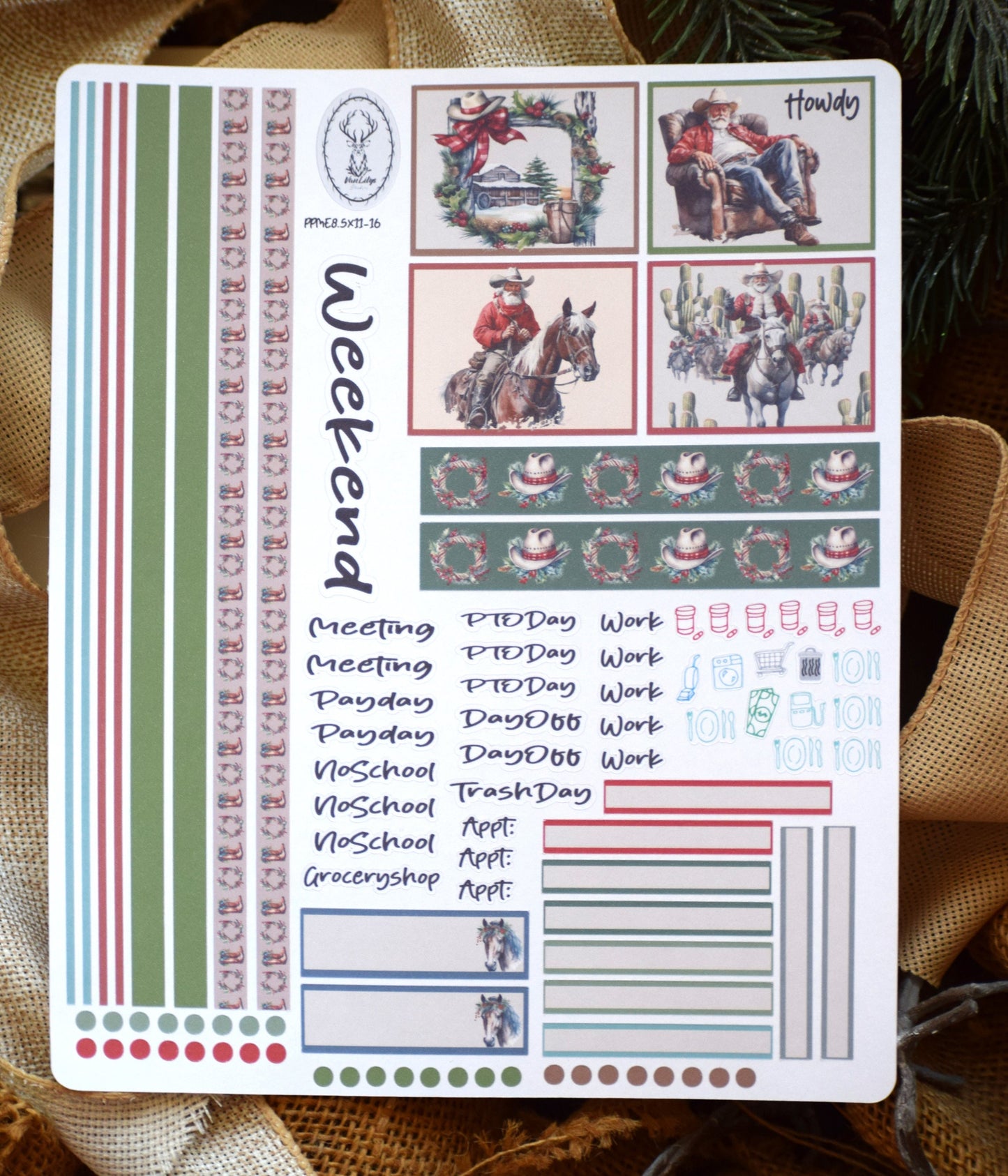 Plum Paper 8.5x11 ME, Weekly Planner Sticker Kit #16, Western Santa