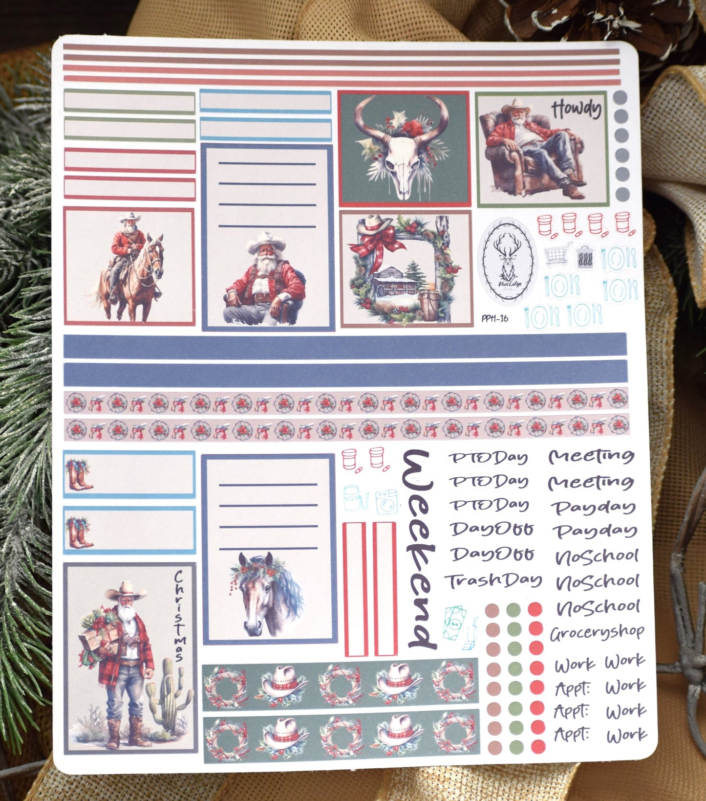 Plum Paper 7x9 Hourly Weekly Planner Sticker Kit #16, Western Santa