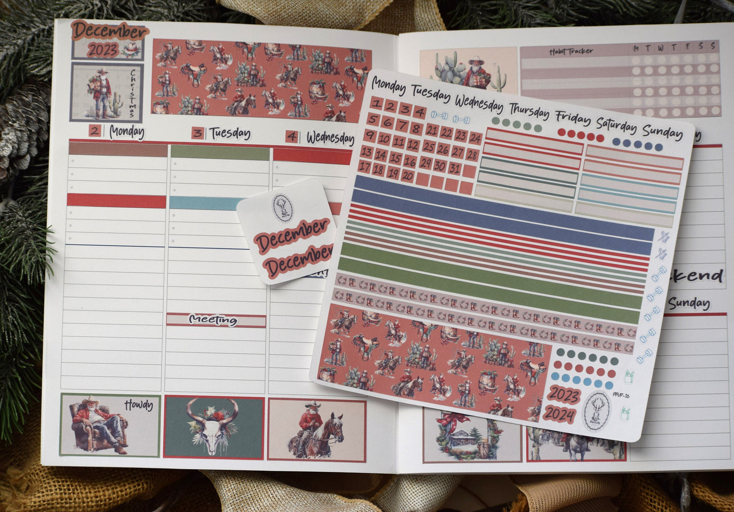 Plum Paper 7x9 Vertical Priorities Weekly Planner Sticker Kit #16, Western Santa