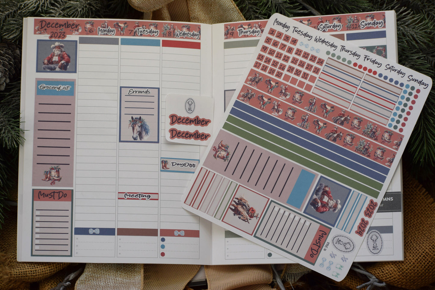 Plum Paper 7x9 Vertical Columns Weekly Planner Sticker Kit #16, Western Santa