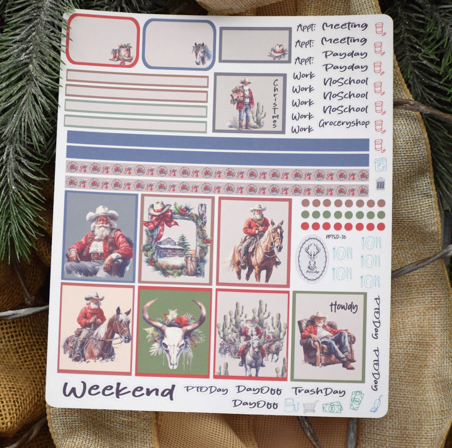 Plum Paper 7x9 Two Sided Days Weekly Planner Sticker Kit #16, Western Santa