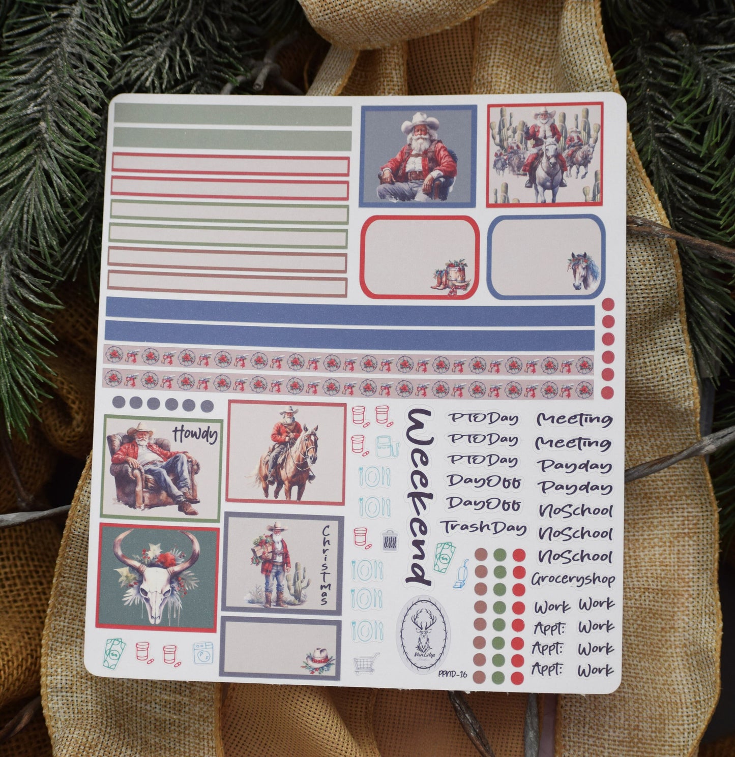Plum Paper 7x9 Notes And Days Weekly Planner Sticker Kit #16, Western Santa
