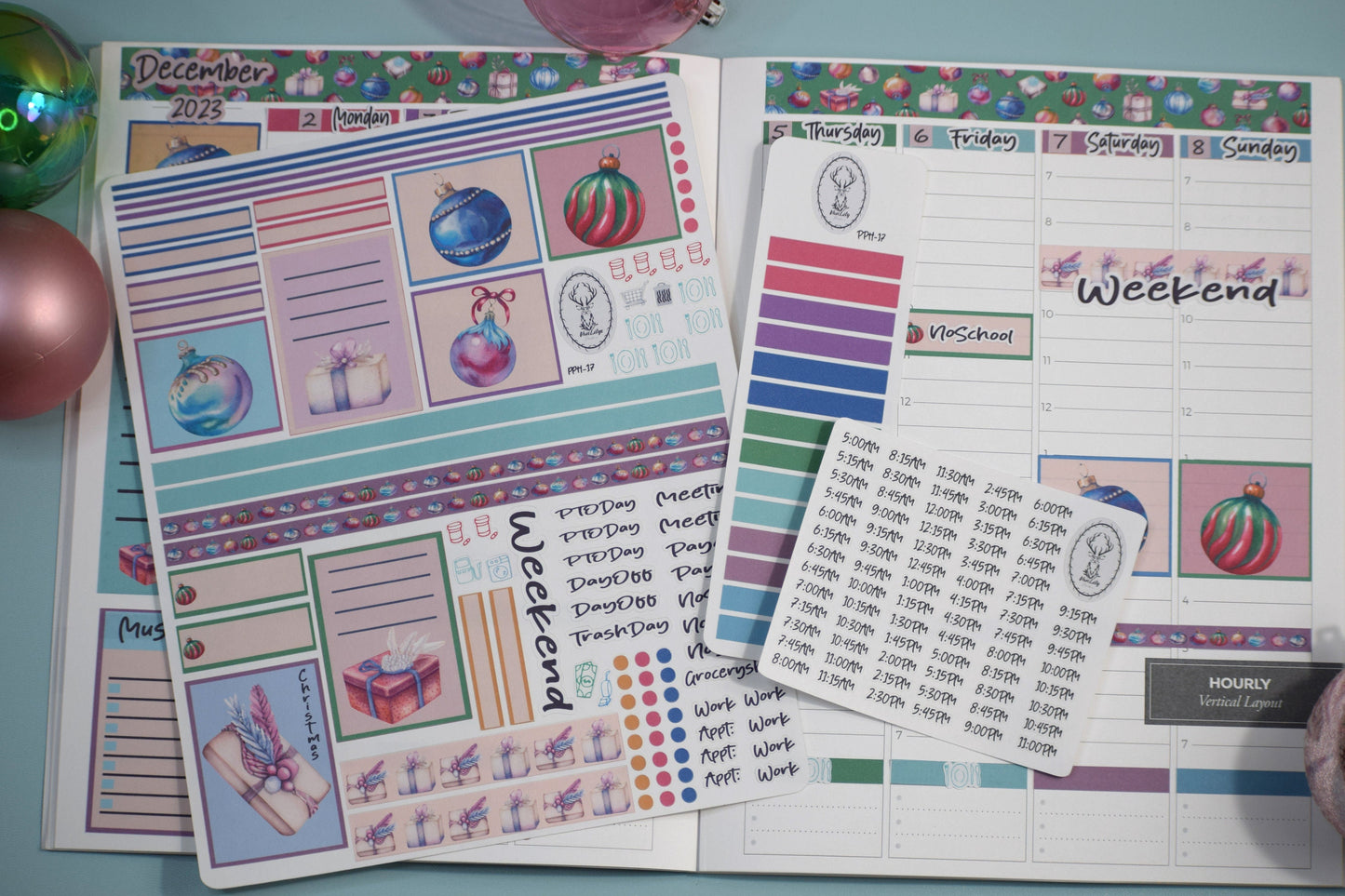 Plum Paper 7x9 Hourly Weekly Planner Sticker Kit #17, Baubles Baubles Baubles