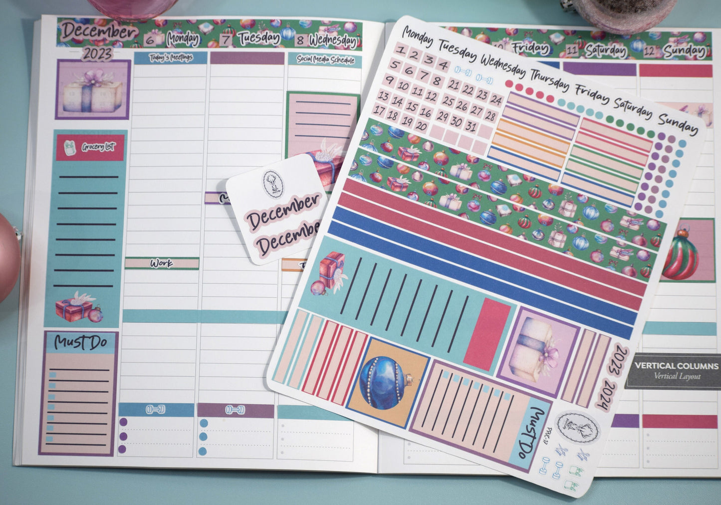 Plum Paper 7x9 Vertical Columns Weekly Planner Sticker Kit #17, Baubles Baubles Baubles