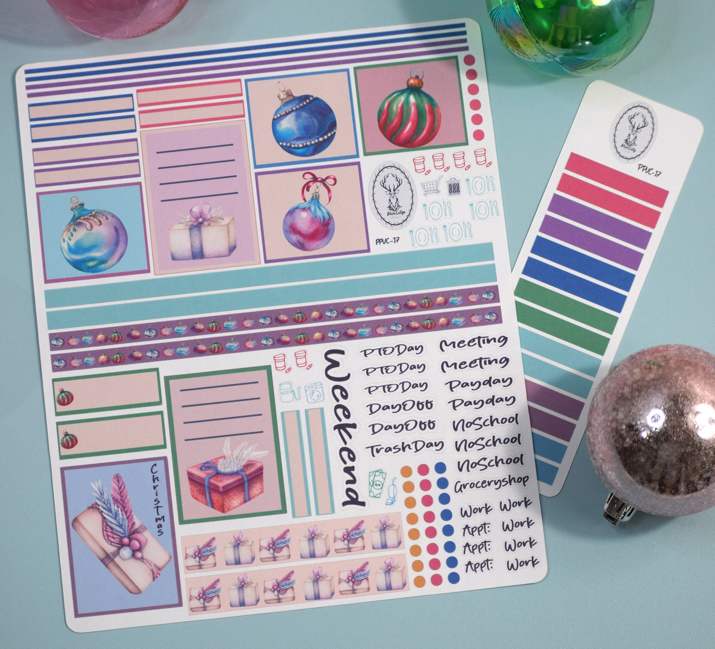 Plum Paper 7x9 Vertical Columns Weekly Planner Sticker Kit #17, Baubles Baubles Baubles