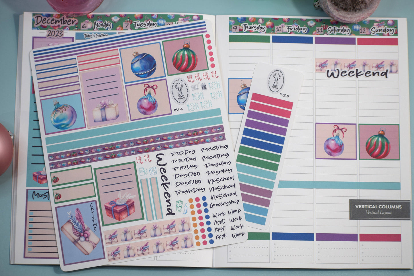 Plum Paper 7x9 Vertical Columns Weekly Planner Sticker Kit #17, Baubles Baubles Baubles