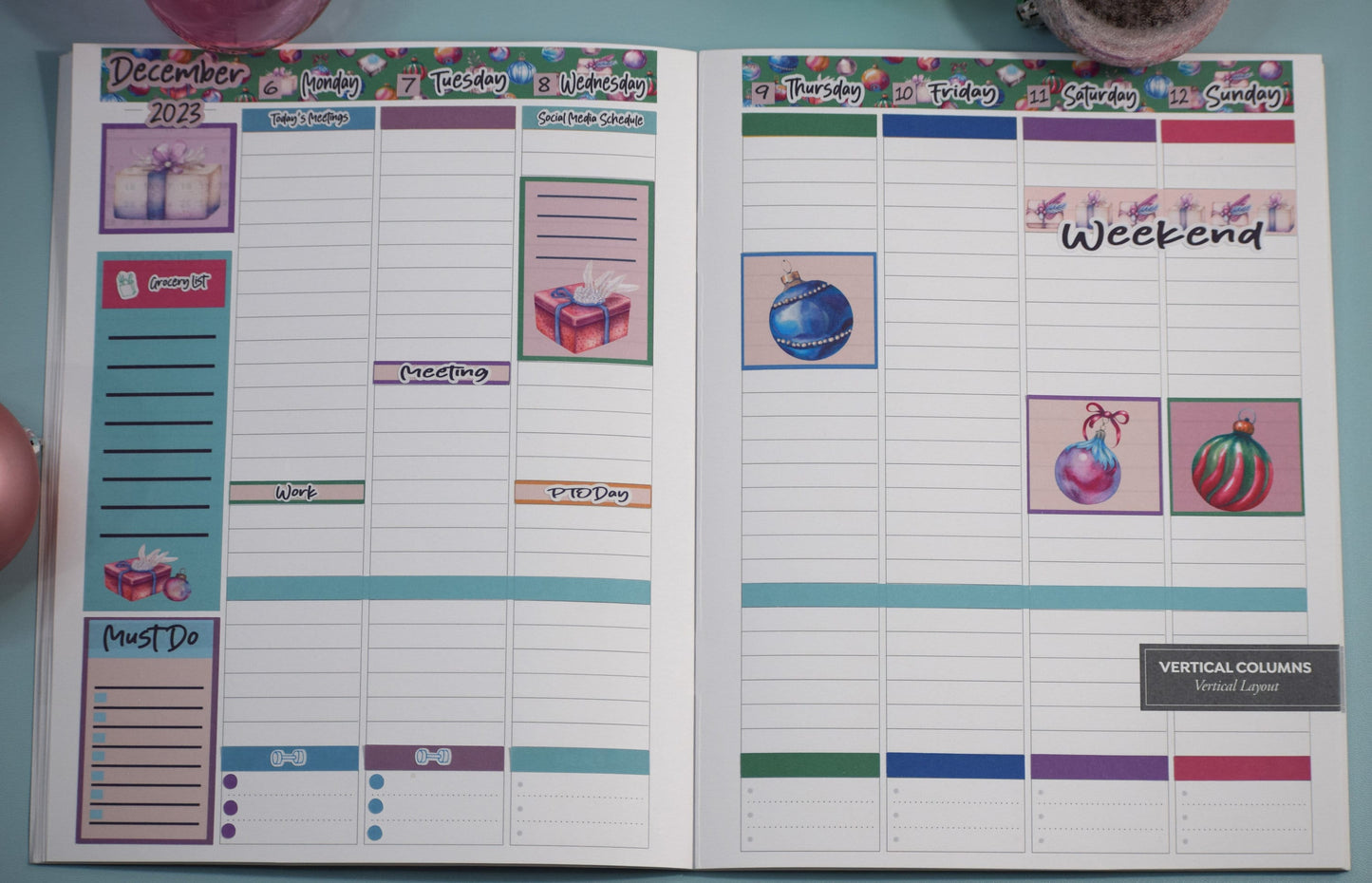 Plum Paper 7x9 Vertical Columns Weekly Planner Sticker Kit #17, Baubles Baubles Baubles