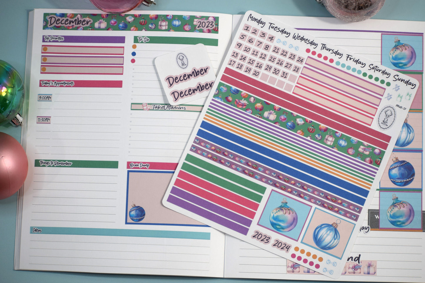 Plum Paper 7x9 Weekly Overview Weekly Planner Sticker Kit #17, Baubles Baubles Baubles