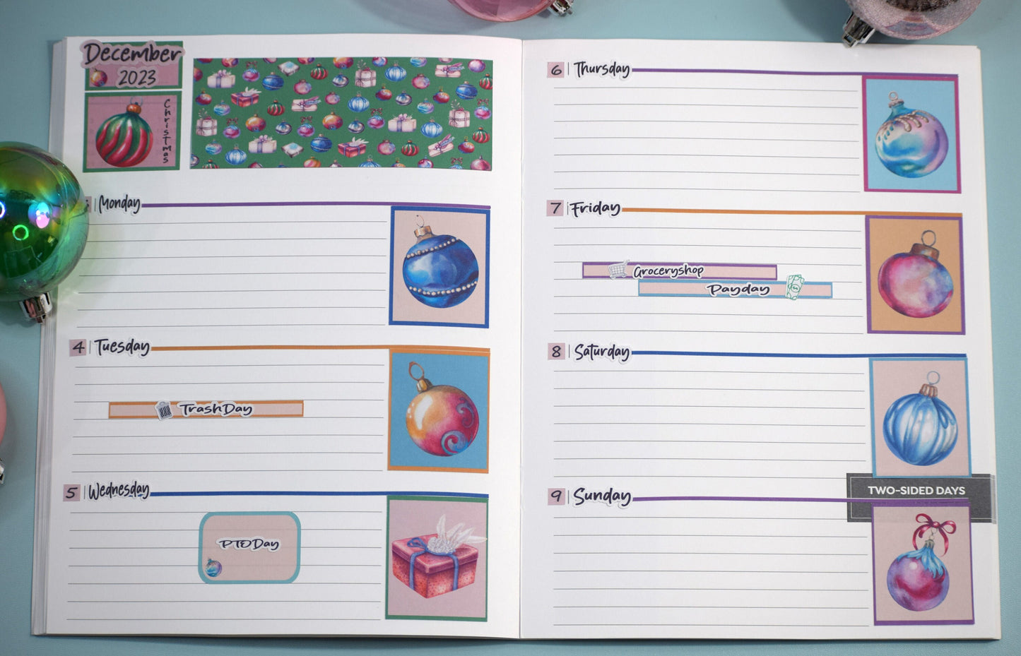 Plum Paper 7x9 Two Sided Days Weekly Planner Sticker Kit #17, Baubles Baubles Baubles