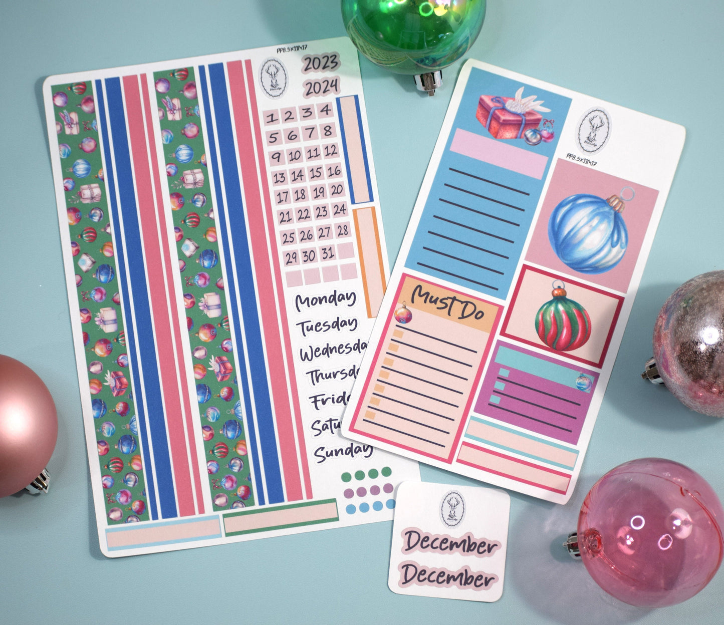 Plum Paper 8.5x11 Monthly Header Sheet Planner Stickers #17, Baubles Baubles Baubles