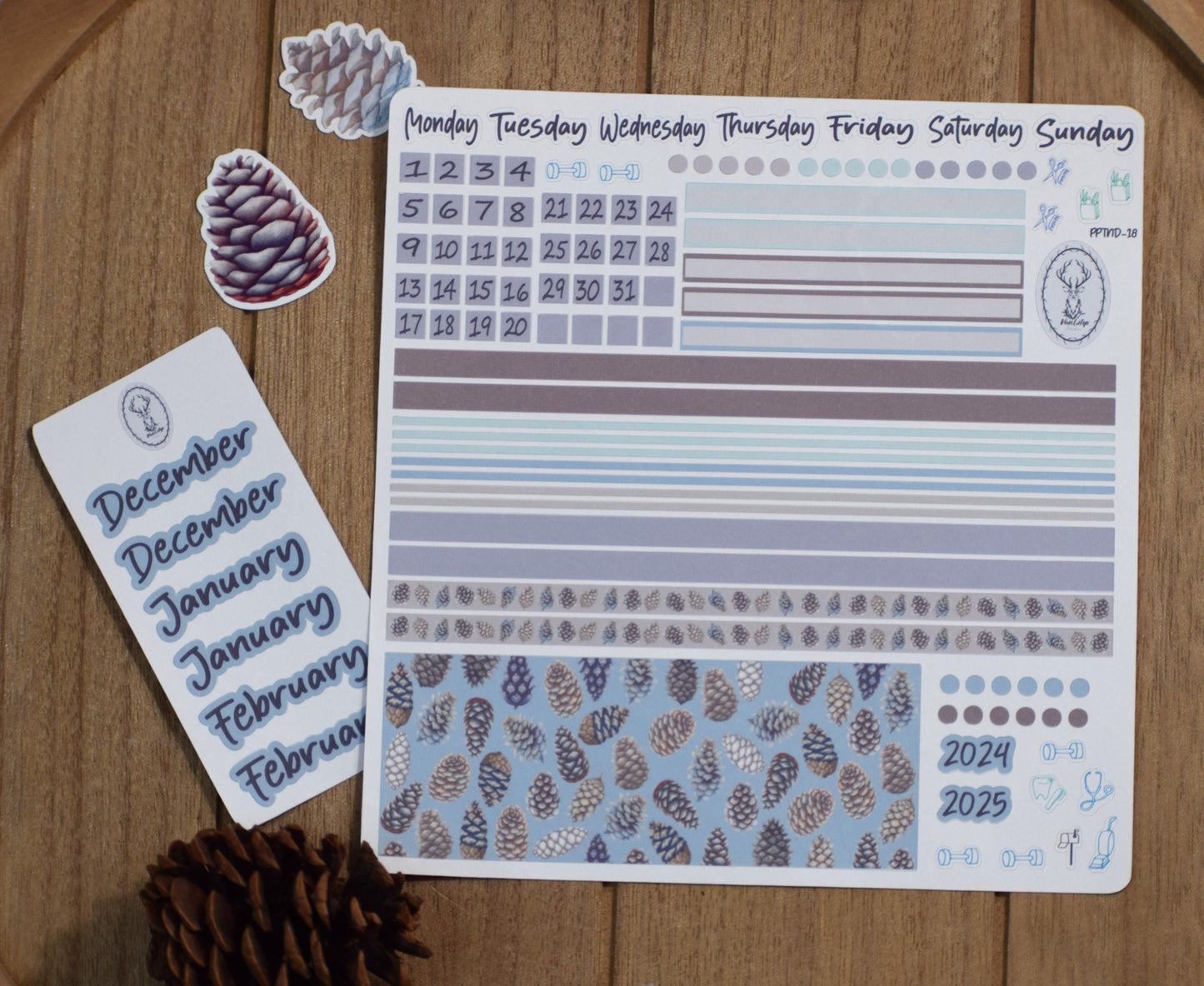 Plum Paper 7x9 Notes And Days Weekly Planner Sticker Kit #18, Winter of Pinecones