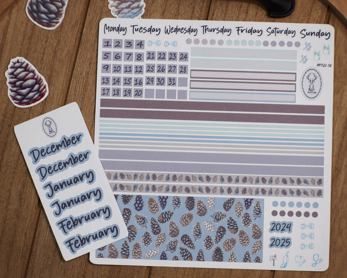Plum Paper 7x9 Two Sided Days Weekly Planner Sticker Kit #18, Winter of Pinecones
