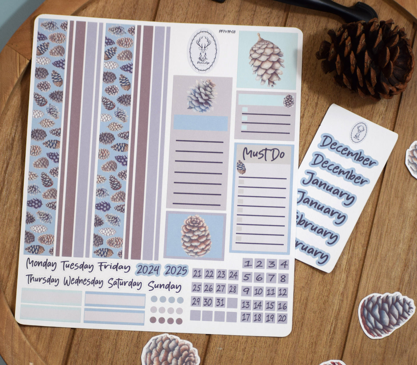 Plum Paper 7x9 Monthly Header Sheet Planner Stickers #18, Winter of Pinecones