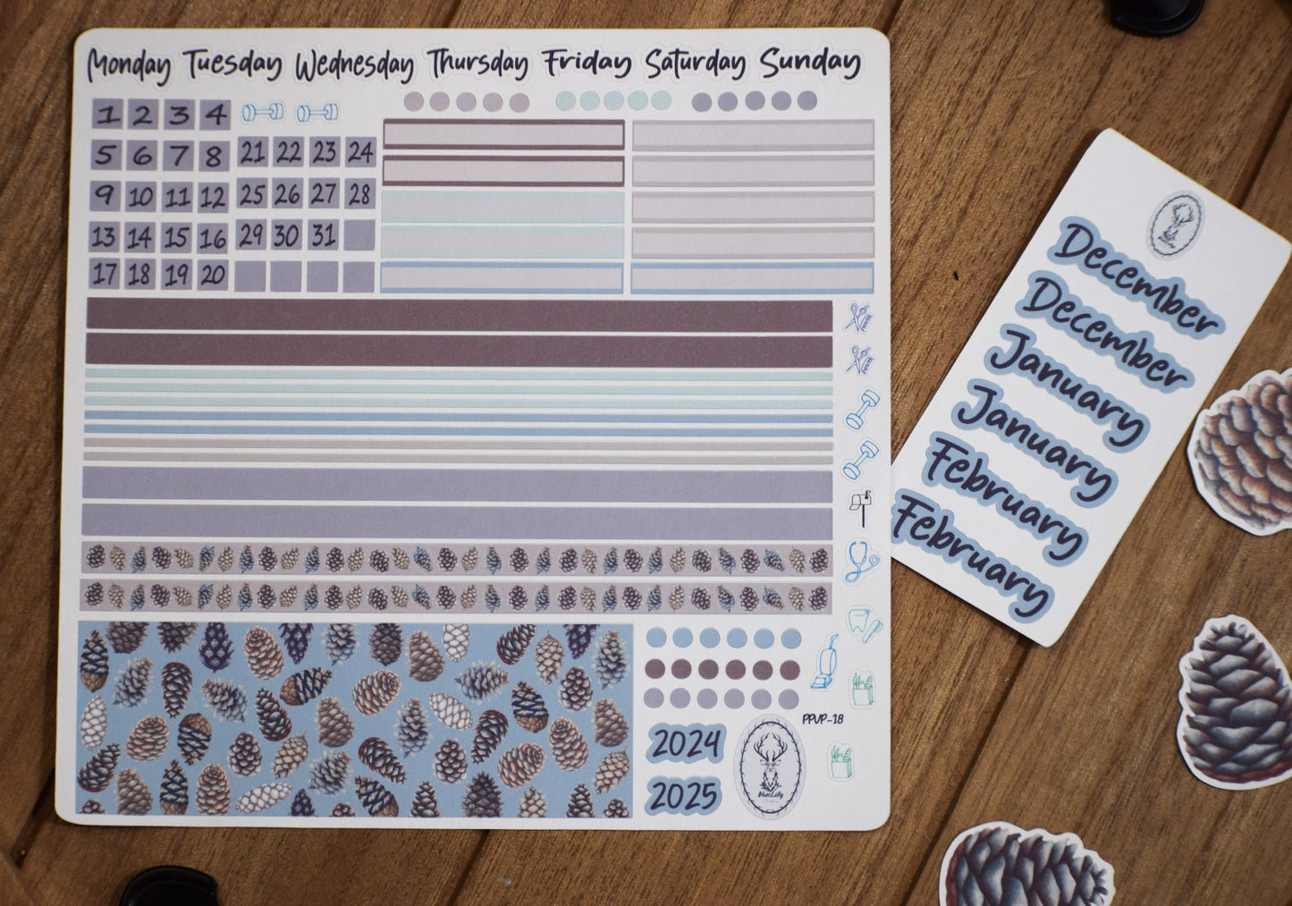 Plum Paper 7x9 Vertical Priorities Weekly Planner Sticker Kit #18, Winter of Pinecones