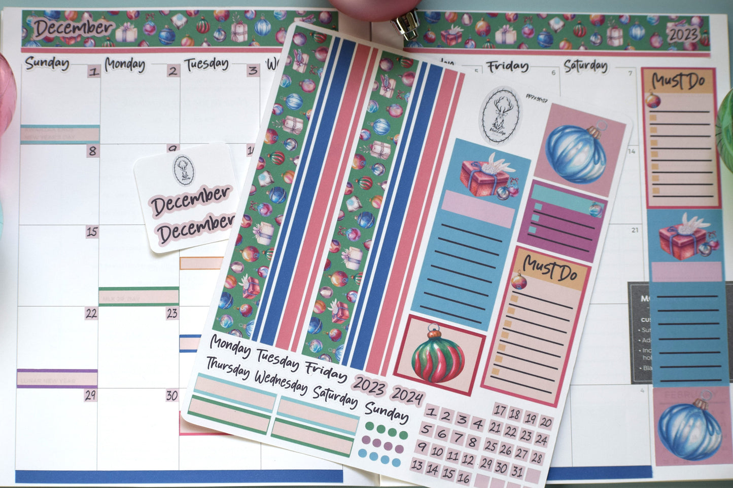 Plum Paper 7x9 Monthly Header Planner Sticker Sheet #17, Baubles Baubles Baubles