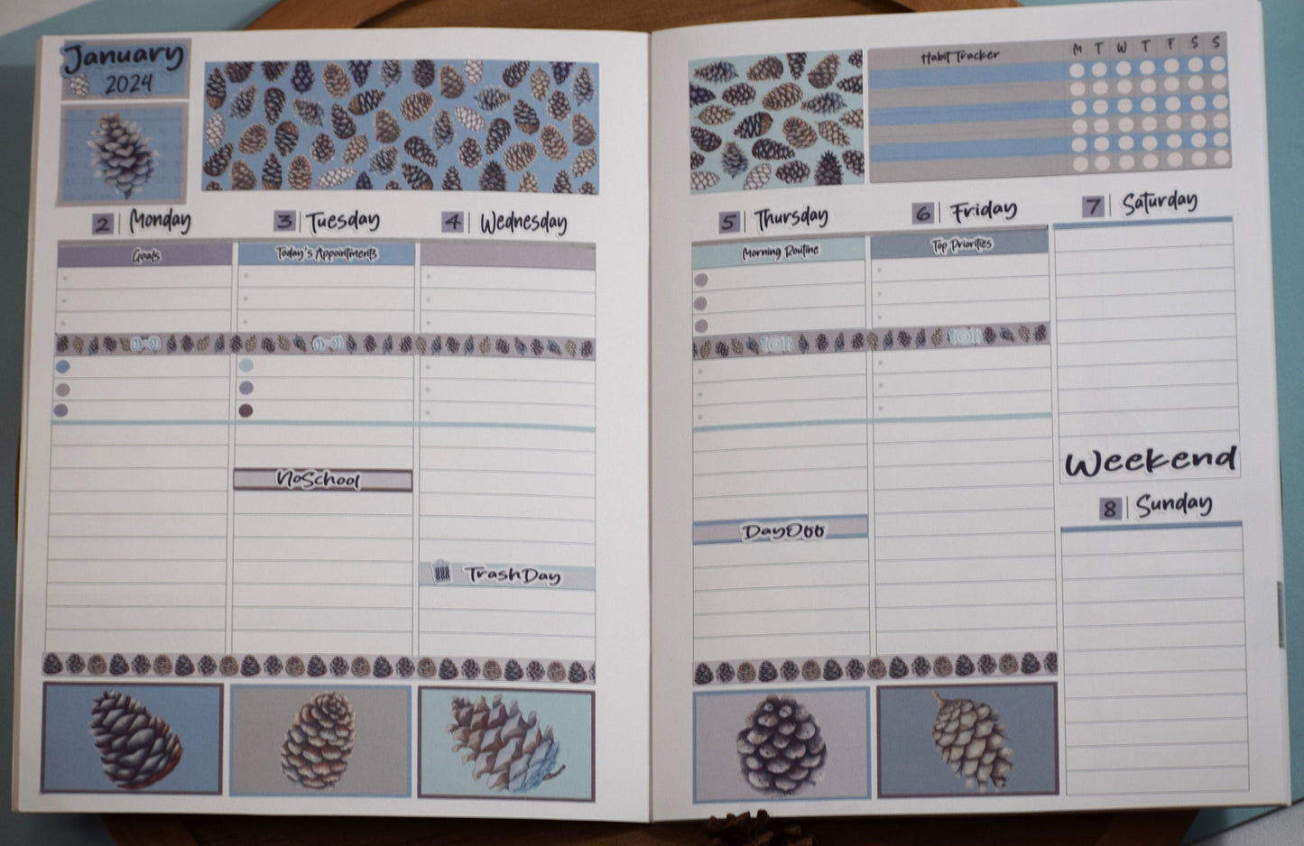 Plum Paper 7x9 Vertical Priorities Weekly Planner Sticker Kit #18, Winter of Pinecones