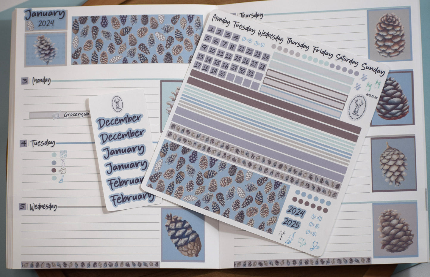 Plum Paper 7x9 Two Sided Days Weekly Planner Sticker Kit #18, Winter of Pinecones
