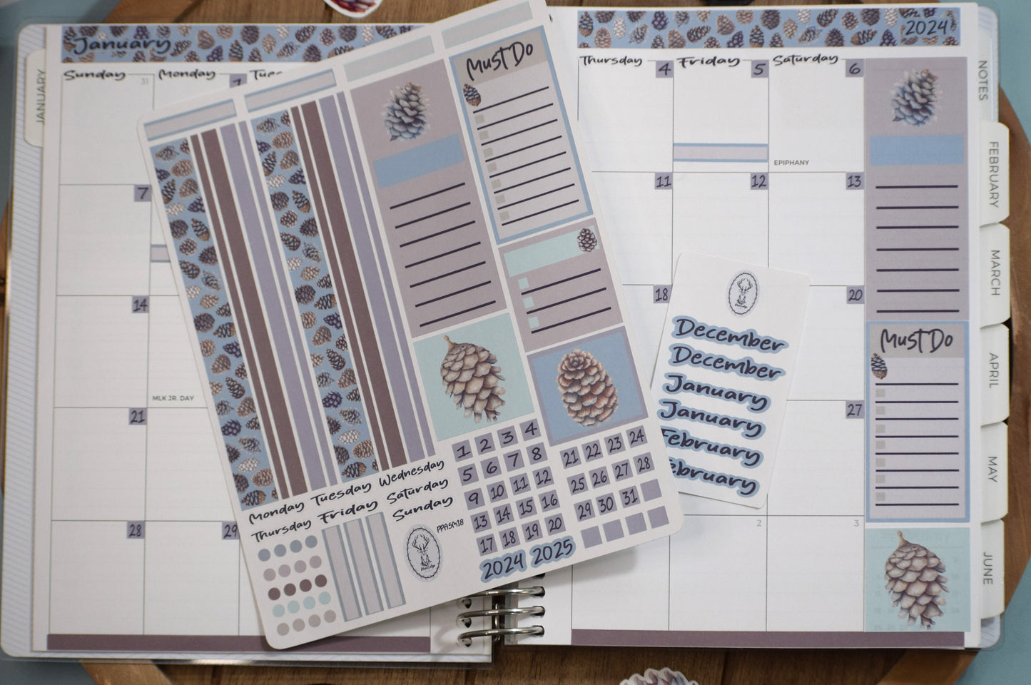 Plum Paper A5 Monthly Header Sheet Planner Stickers #18, Winter of Pinecones