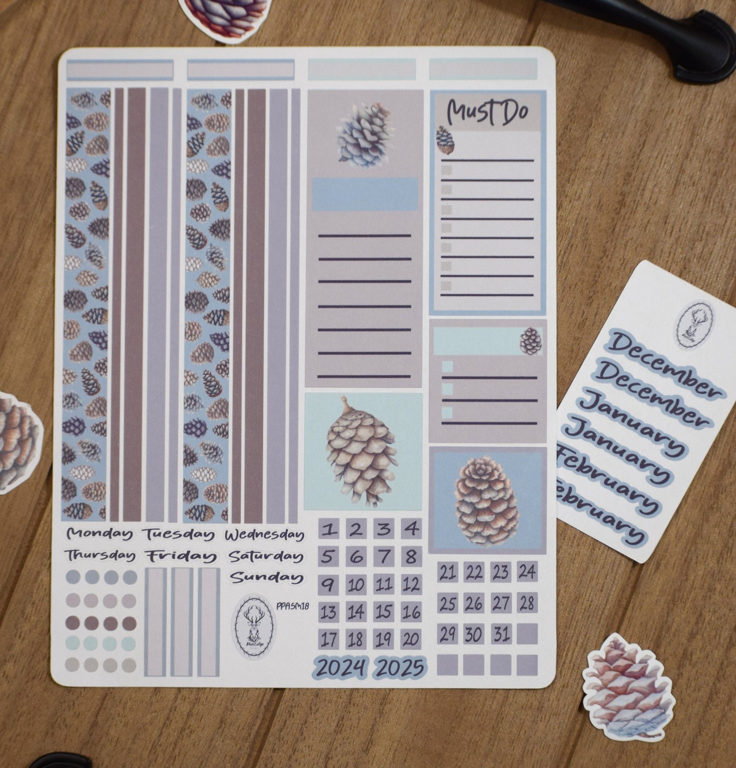Plum Paper A5 Monthly Header Sheet Planner Stickers #18, Winter of Pinecones