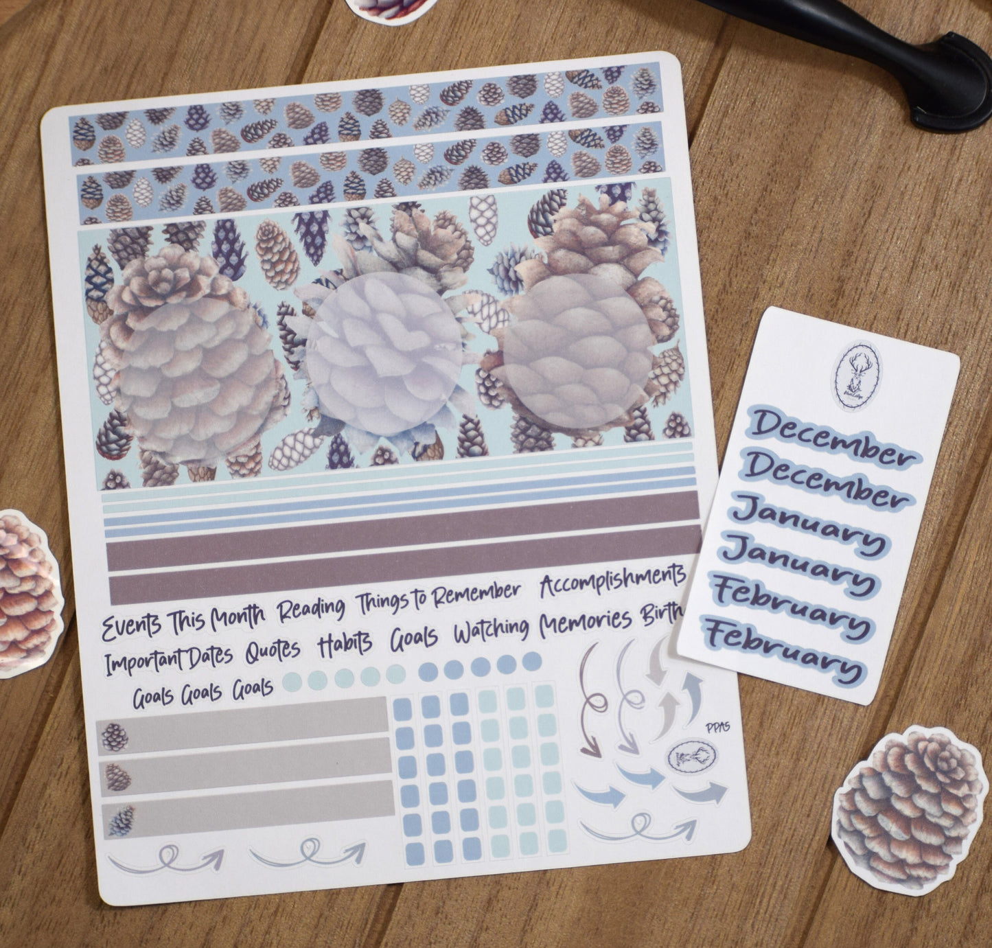 Plum Paper A5 Monthly Dashboard Planner Stickers #18, Winter of Pinecones