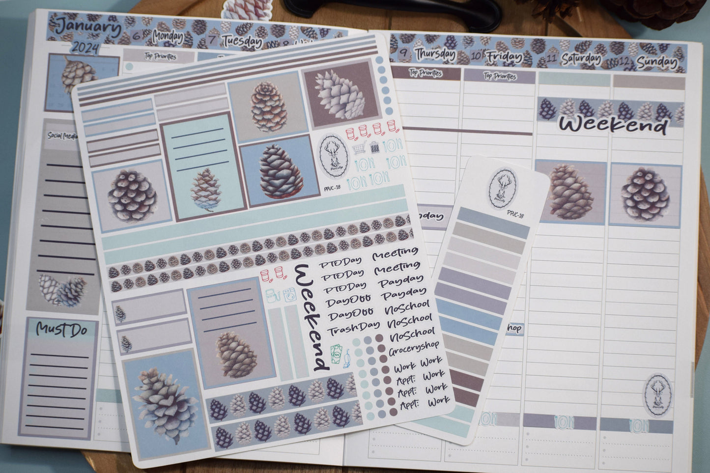 Plum Paper 7x9 Vertical Columns Weekly Planner Sticker Kit #18, Winter of Pinecones