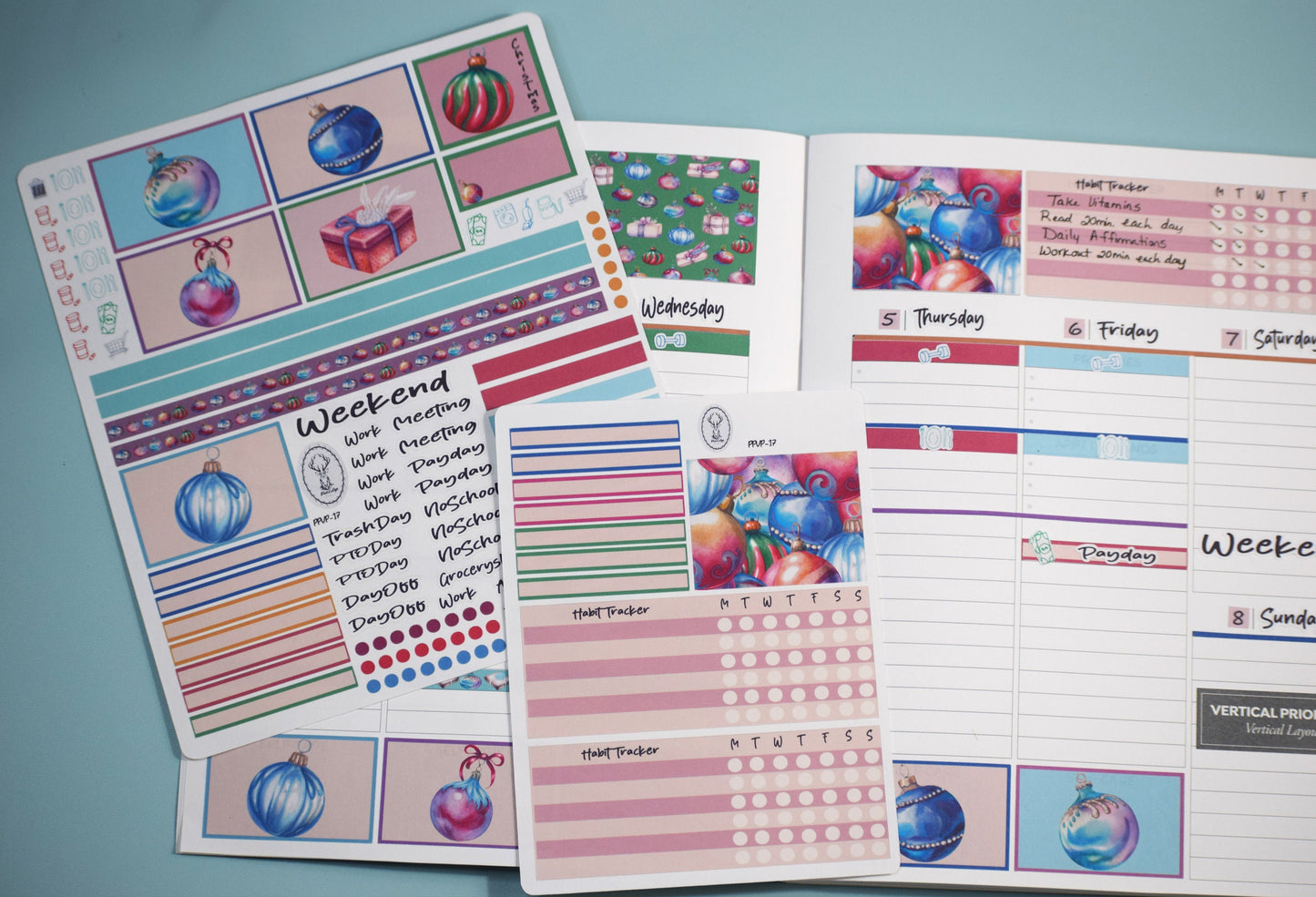 Plum Paper 7x9 Vertical Priorities Weekly Planner Sticker Kit #17, Baubles Baubles Baubles