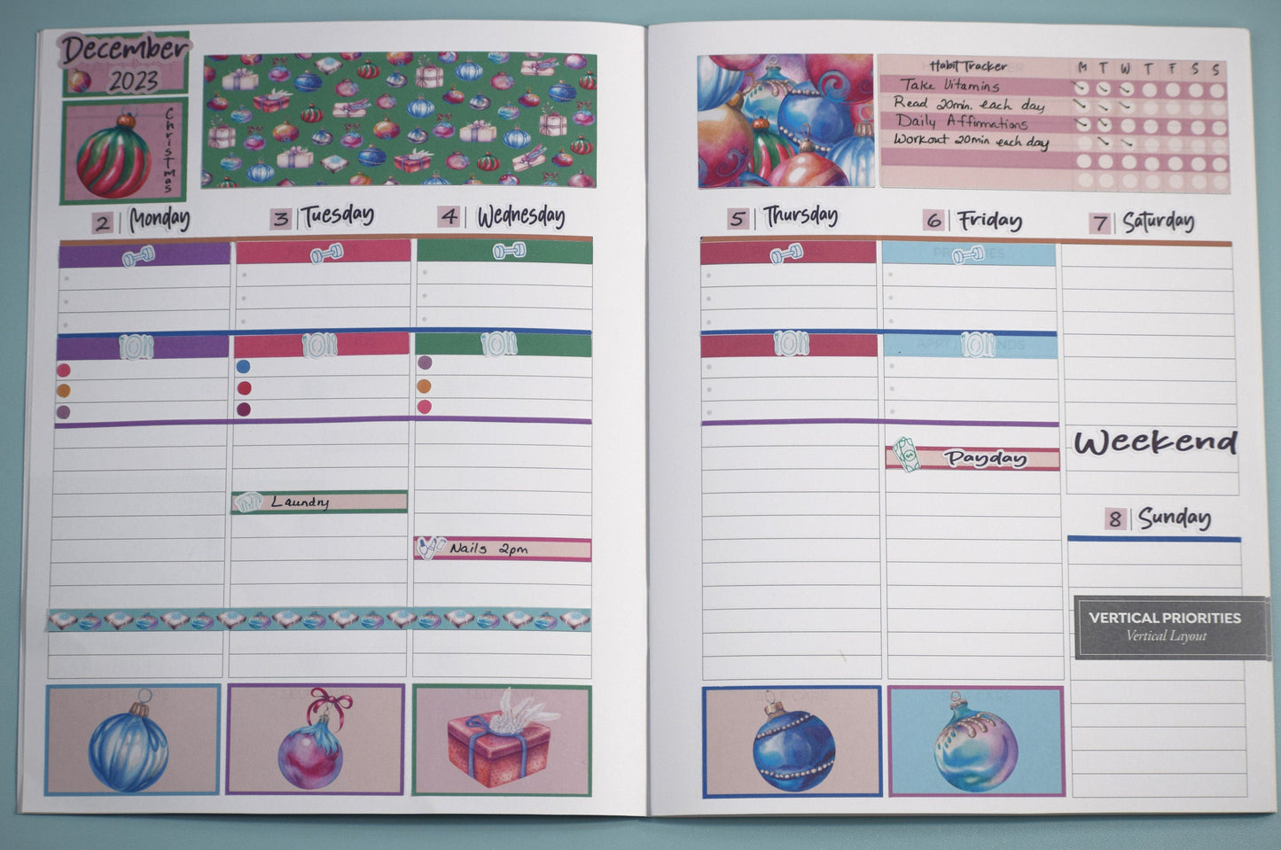 Plum Paper 7x9 Vertical Priorities Weekly Planner Sticker Kit #17, Baubles Baubles Baubles