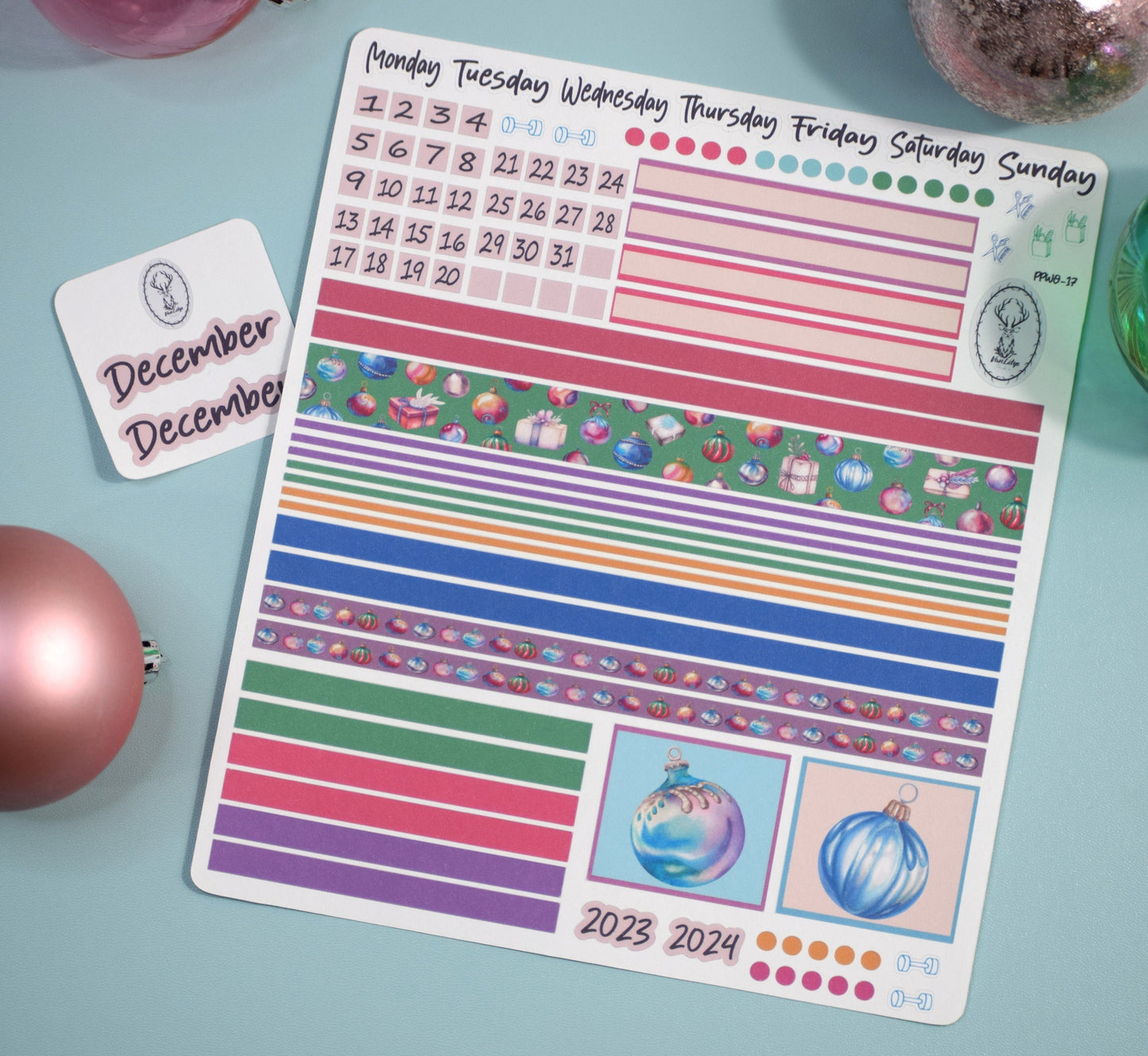 Plum Paper 7x9 Weekly Overview Weekly Planner Sticker Kit #17, Baubles Baubles Baubles