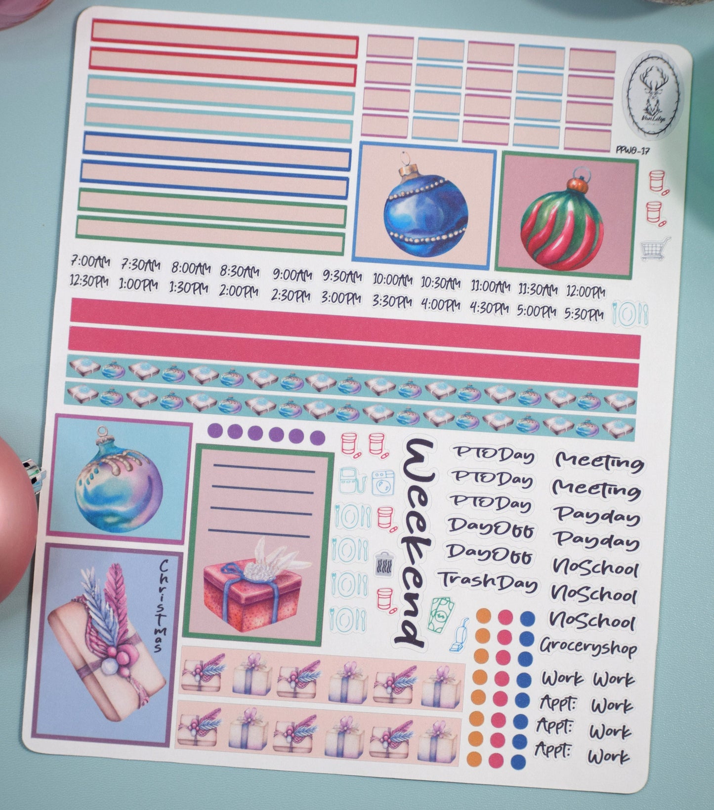 Plum Paper 7x9 Weekly Overview Weekly Planner Sticker Kit #17, Baubles Baubles Baubles