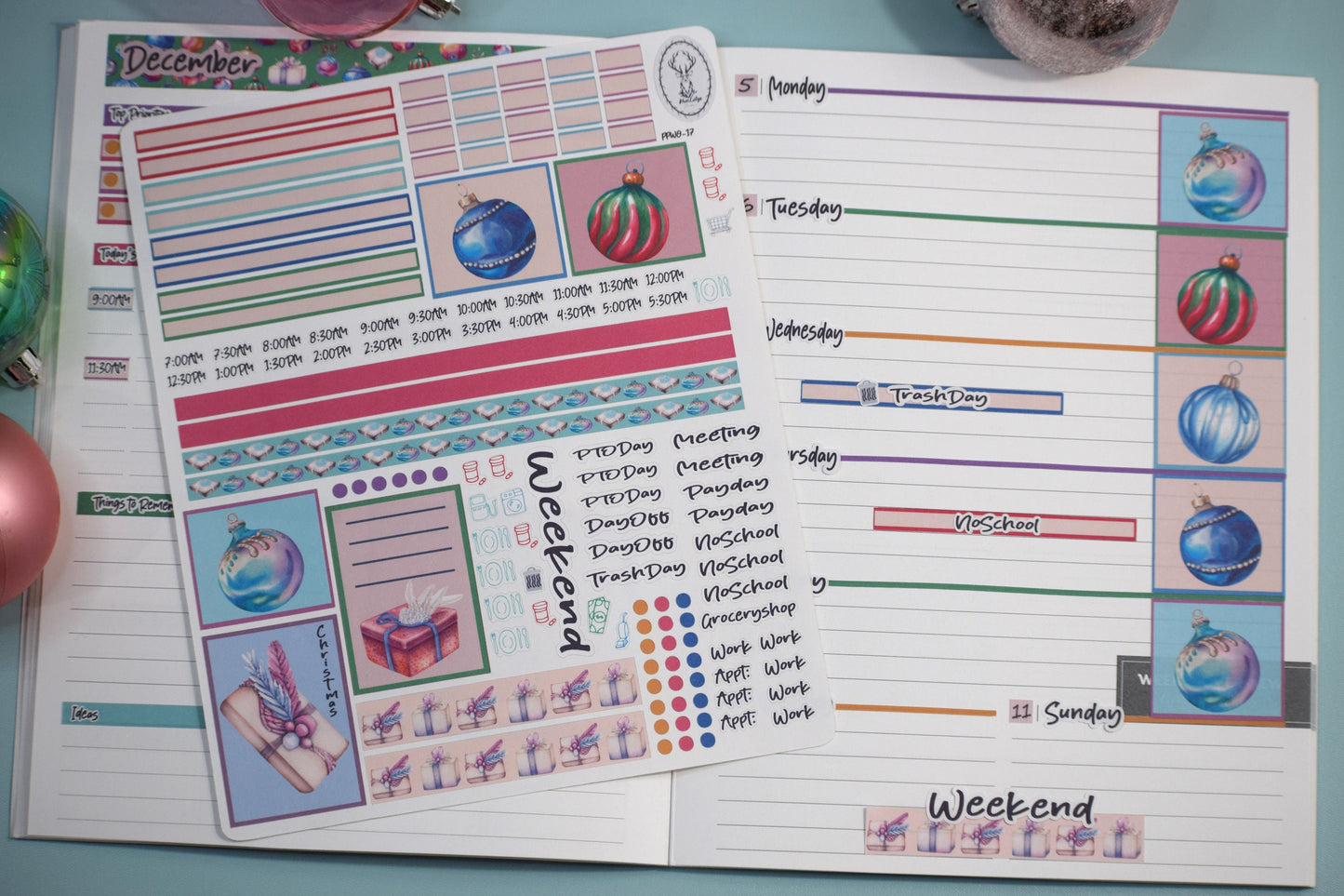 Plum Paper 7x9 Weekly Overview Weekly Planner Sticker Kit #17, Baubles Baubles Baubles