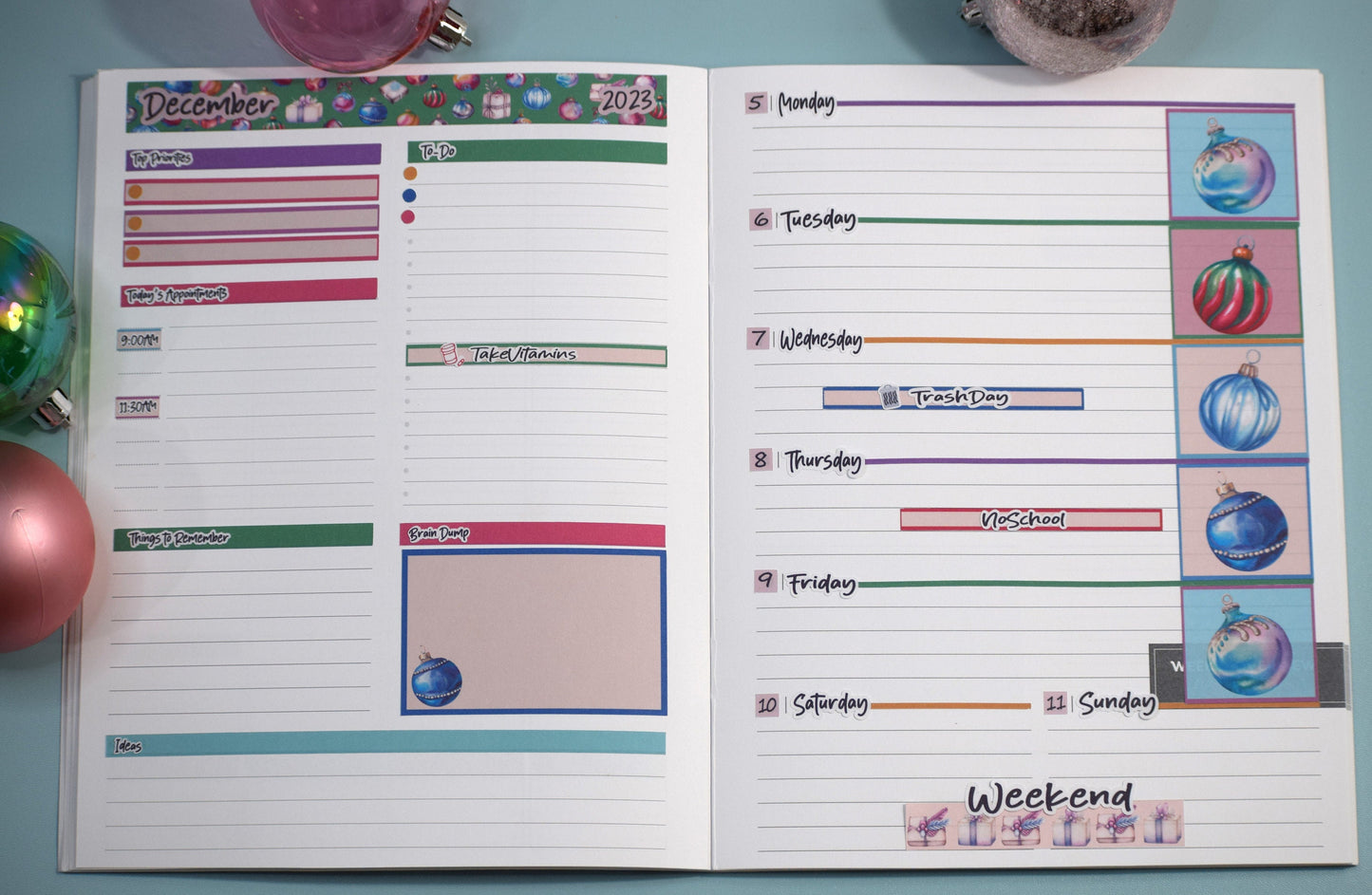Plum Paper 7x9 Weekly Overview Weekly Planner Sticker Kit #17, Baubles Baubles Baubles