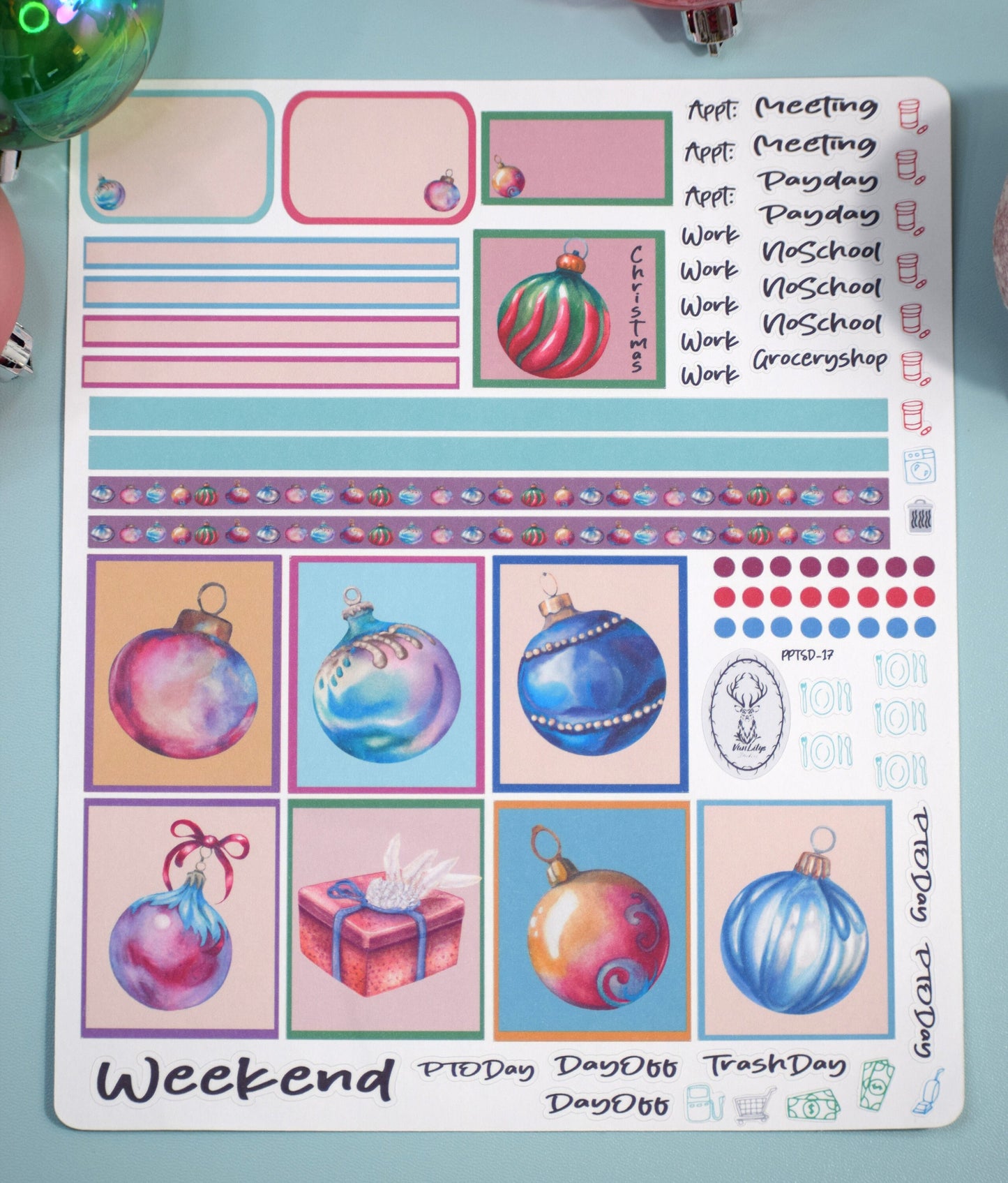 Plum Paper 7x9 Two Sided Days Weekly Planner Sticker Kit #17, Baubles Baubles Baubles