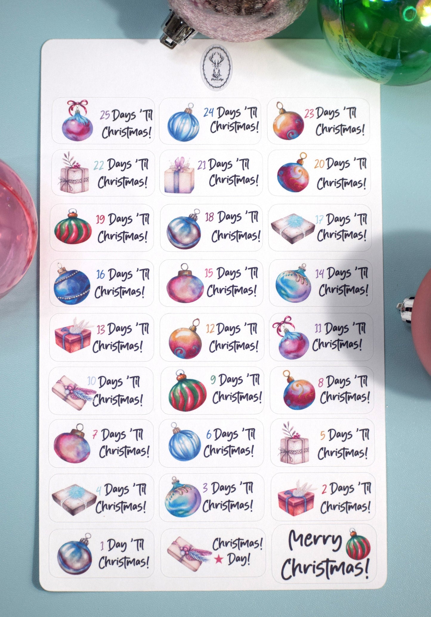 Christmas Countdown Planner Stickers, Baubles Baubles Baubles