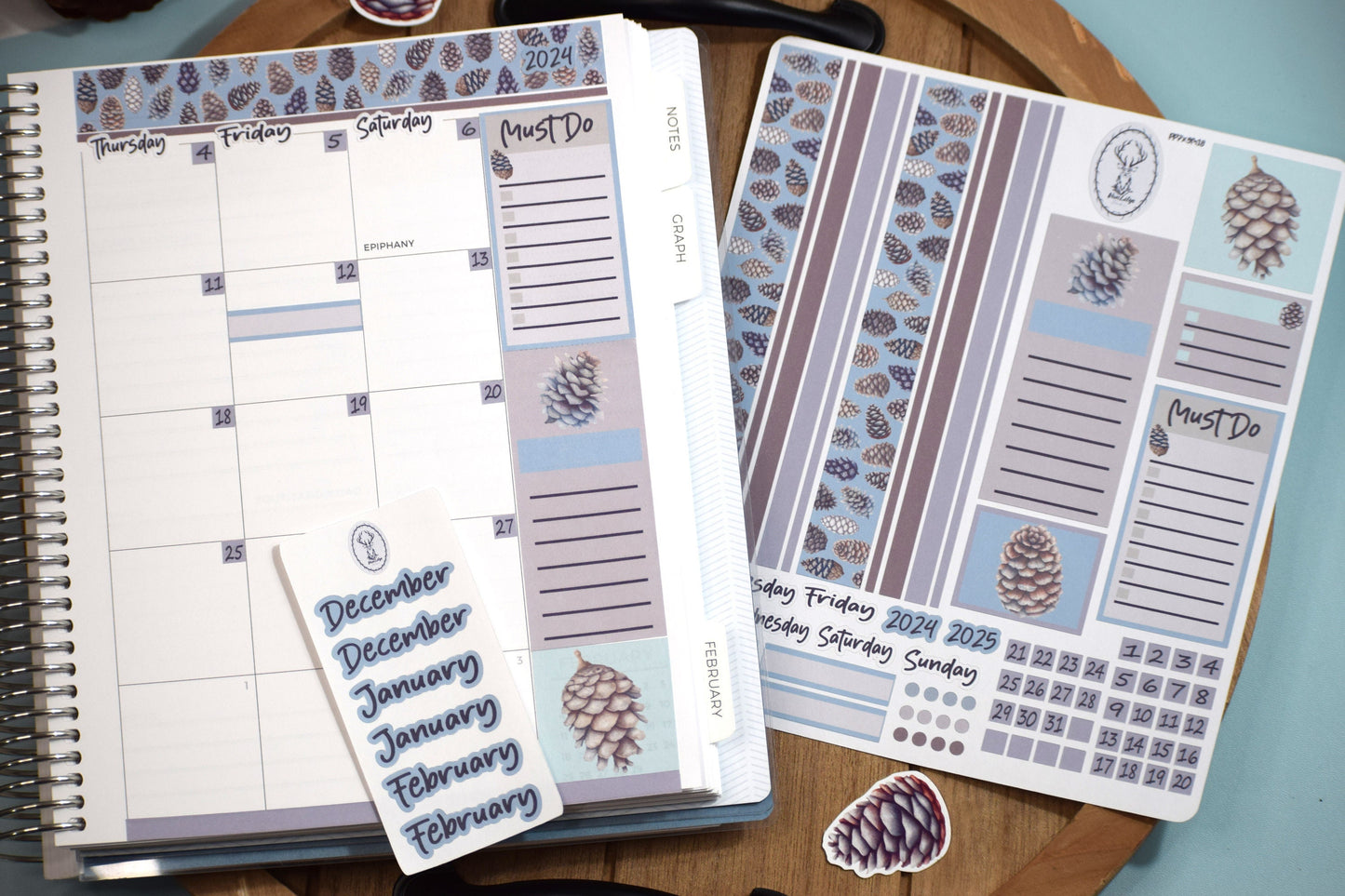 Plum Paper 7x9 Monthly Header Sheet Planner Stickers #18, Winter of Pinecones