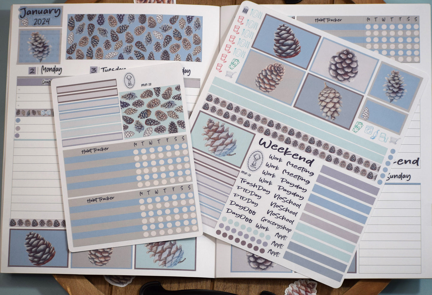 Plum Paper 7x9 Vertical Priorities Weekly Planner Sticker Kit #18, Winter of Pinecones