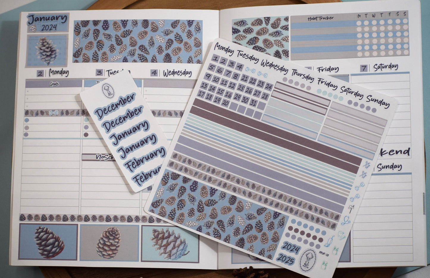 Plum Paper 7x9 Vertical Priorities Weekly Planner Sticker Kit #18, Winter of Pinecones