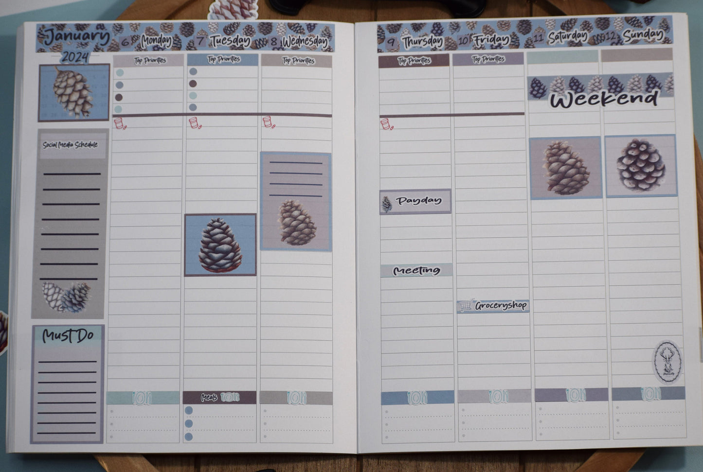 Plum Paper 7x9 Vertical Columns Weekly Planner Sticker Kit #18, Winter of Pinecones