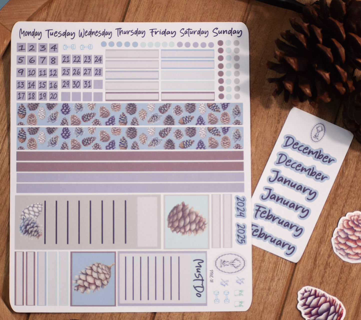Plum Paper 7x9 Vertical Columns Weekly Planner Sticker Kit #18, Winter of Pinecones