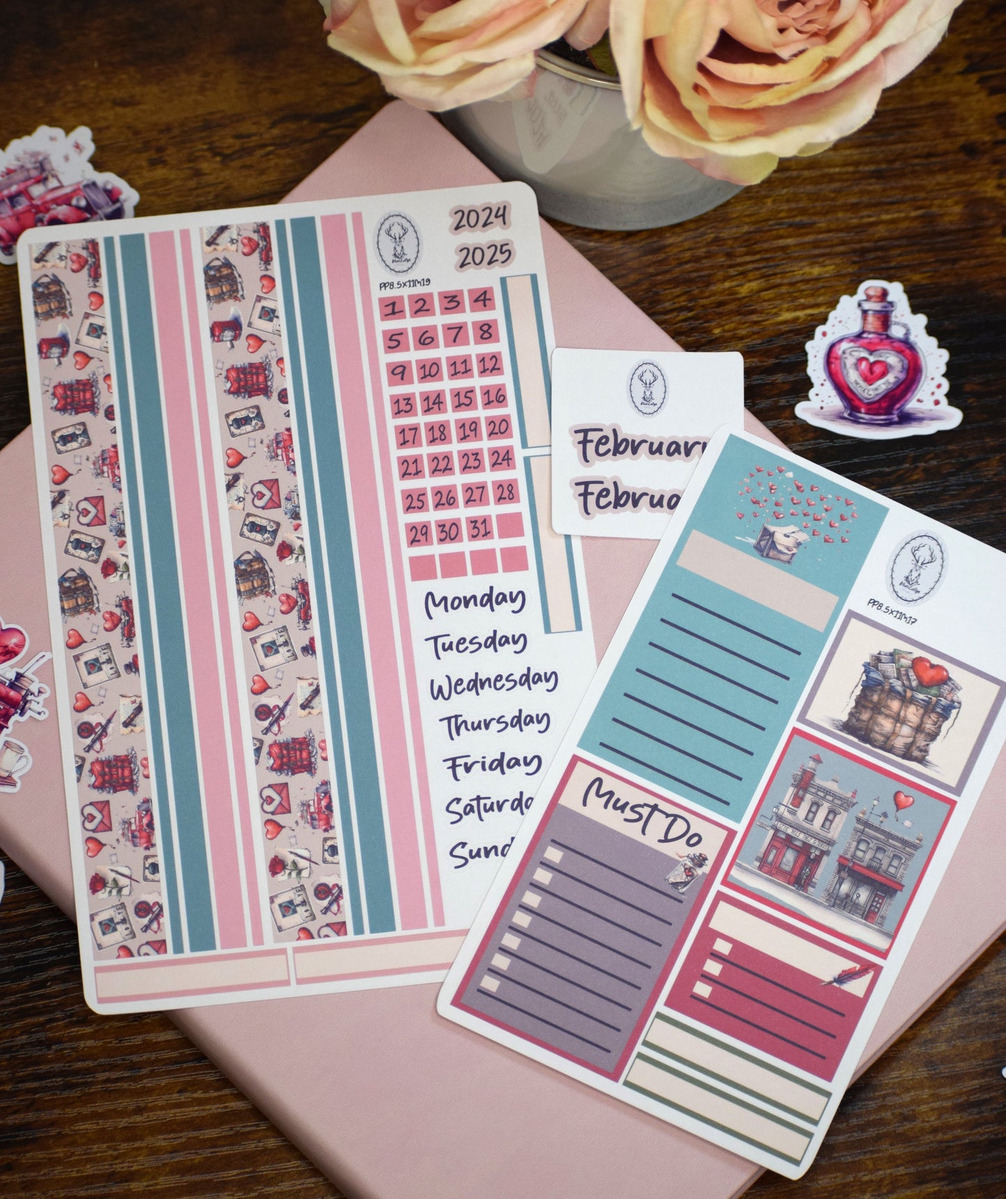 Plum Paper 8.5x11 Monthly Header Sheet Planner Stickers #19, Traveling Love Letter
