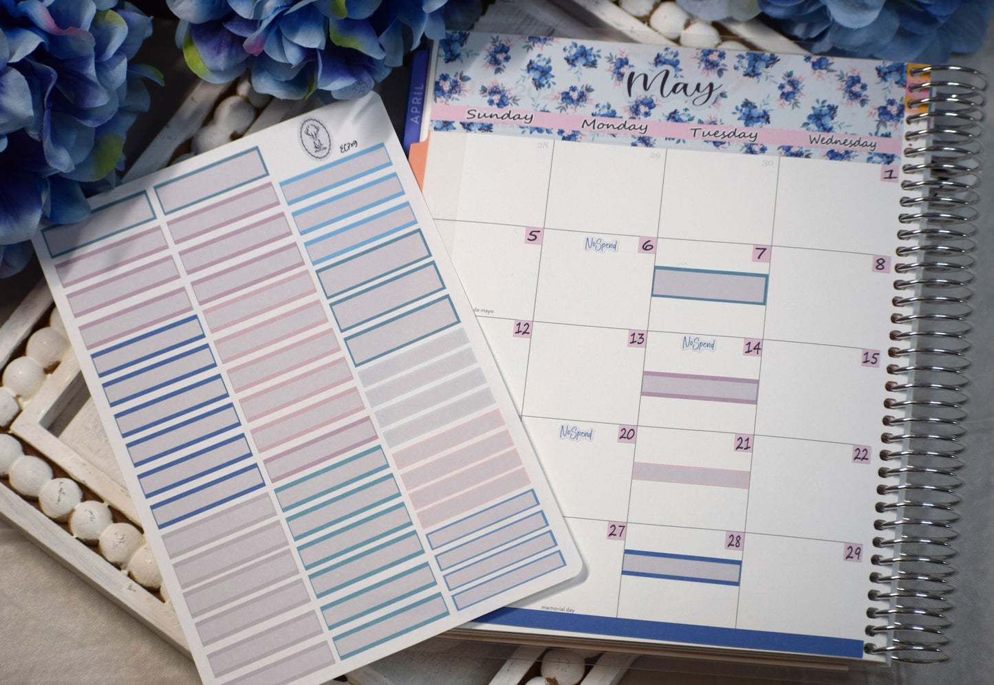 Month Appointment Labels Planner Sticker Sheet For Monthly Spread, Blue Flower Colorway