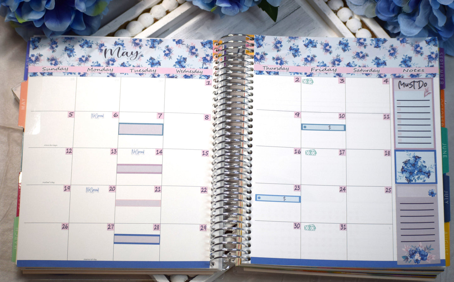 Monthly Header Sticker Sheet for Erin Condren /TBM Live Rich Planners, Blue Flower