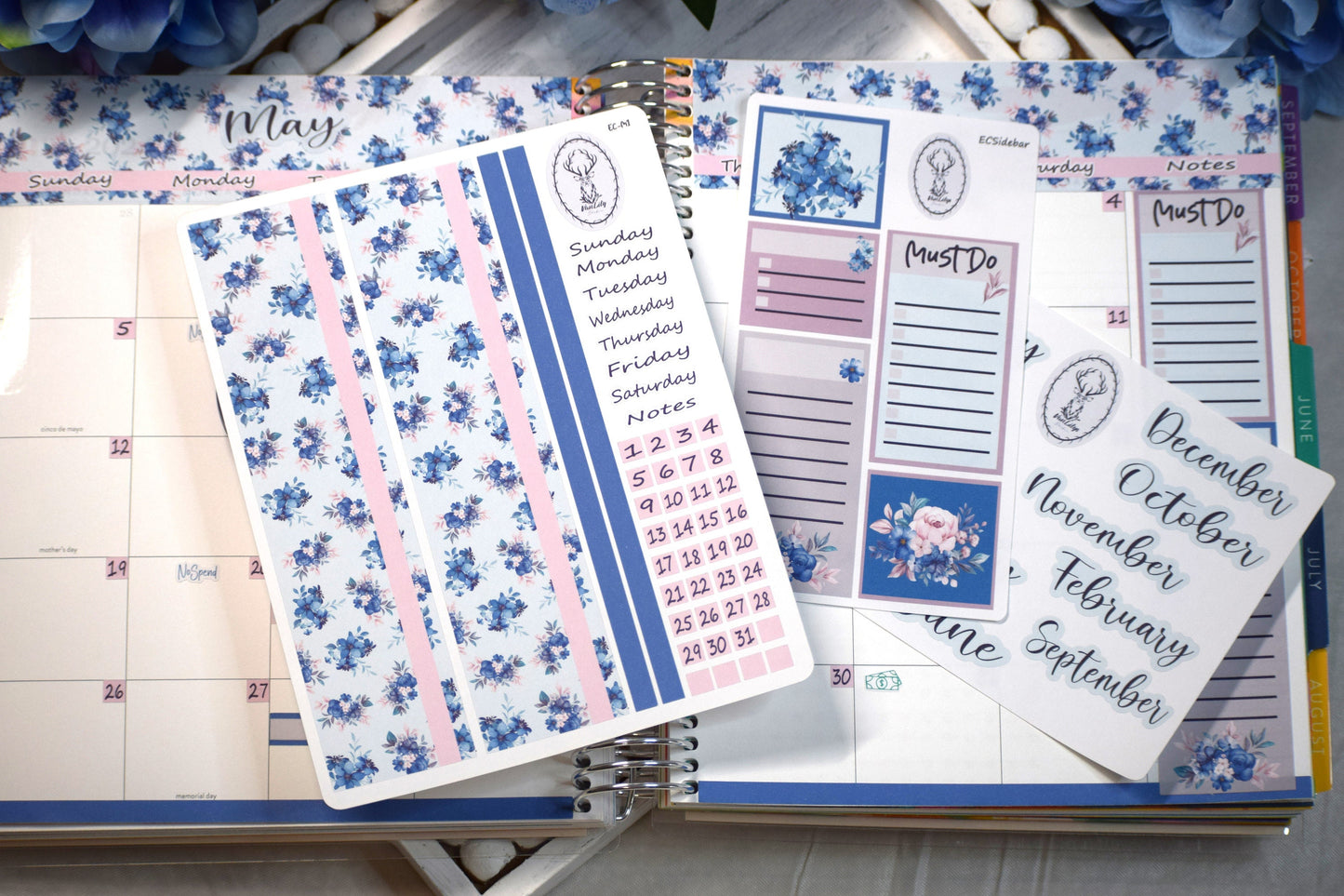 Monthly Header Sticker Sheet for Erin Condren /TBM Live Rich Planners, Blue Flower