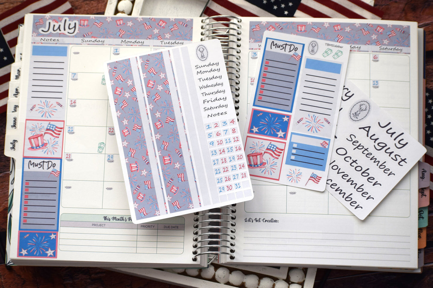 Monthly Header Planner Sticker Sheet for Erin Condren| TBM Live Rich Planners, 4th of July
